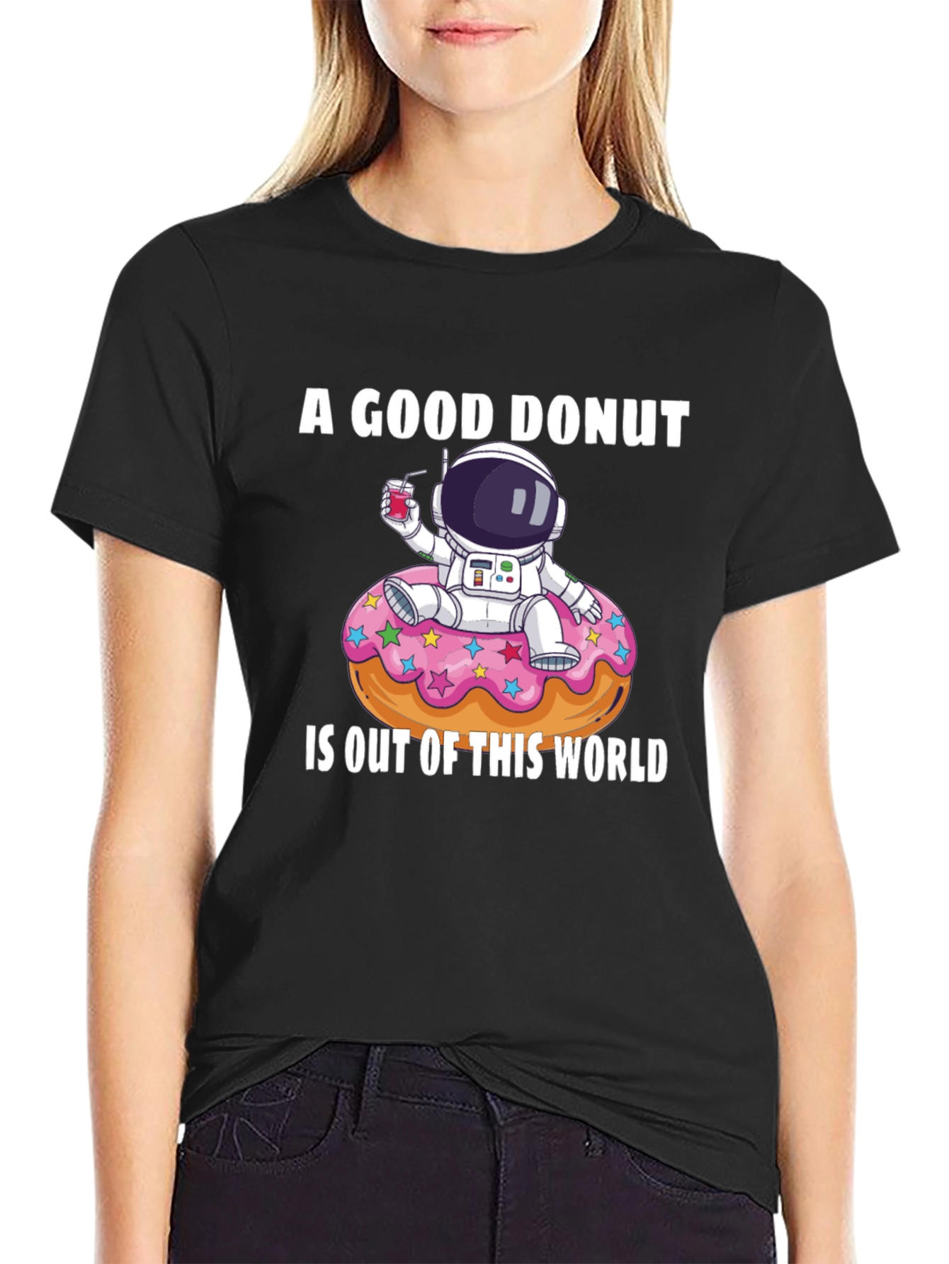 Black A Good Donut is Out of This World Funny Graphic T-Shirt view 2