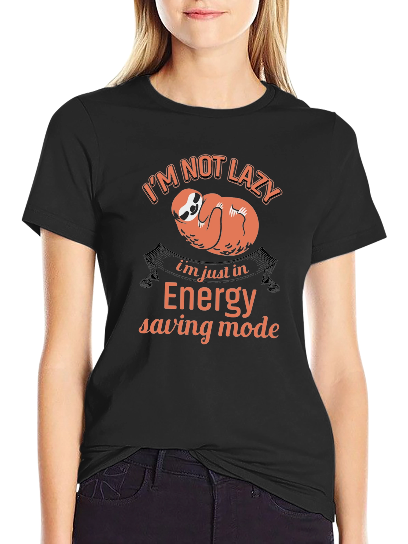 Black Funny Sloth 'Energy Saving Mode' Graphic T-Shirt view 2