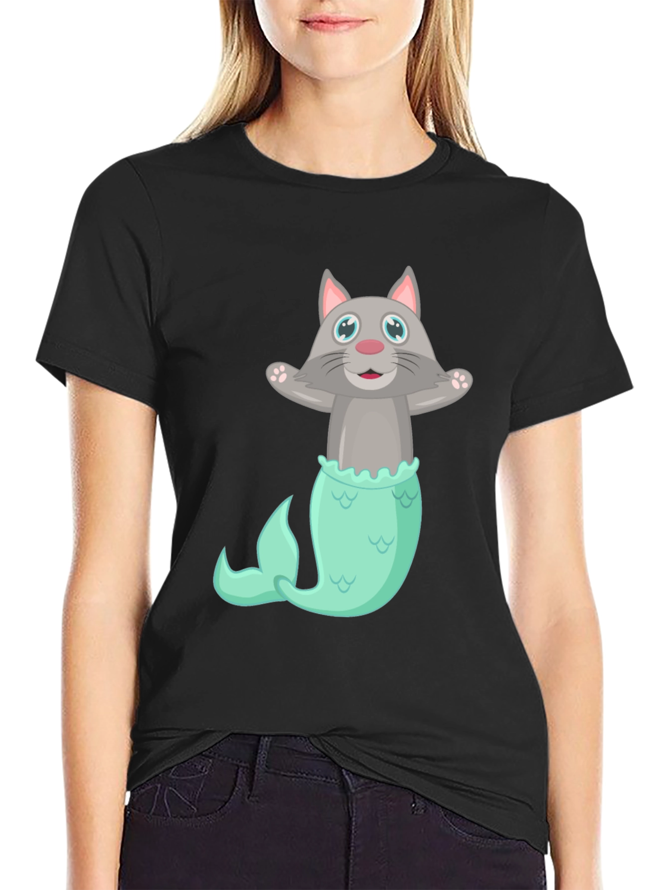 Black Cat Mermaid T-Shirt - Funny Graphic Tee view 2