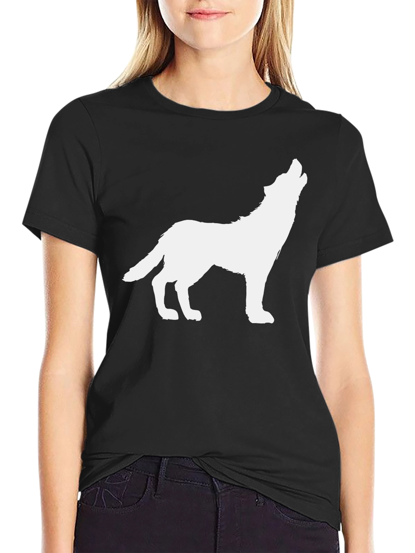 Black Wolf Howling Graphic Tee - Black Cotton Blend T-Shirt view 2