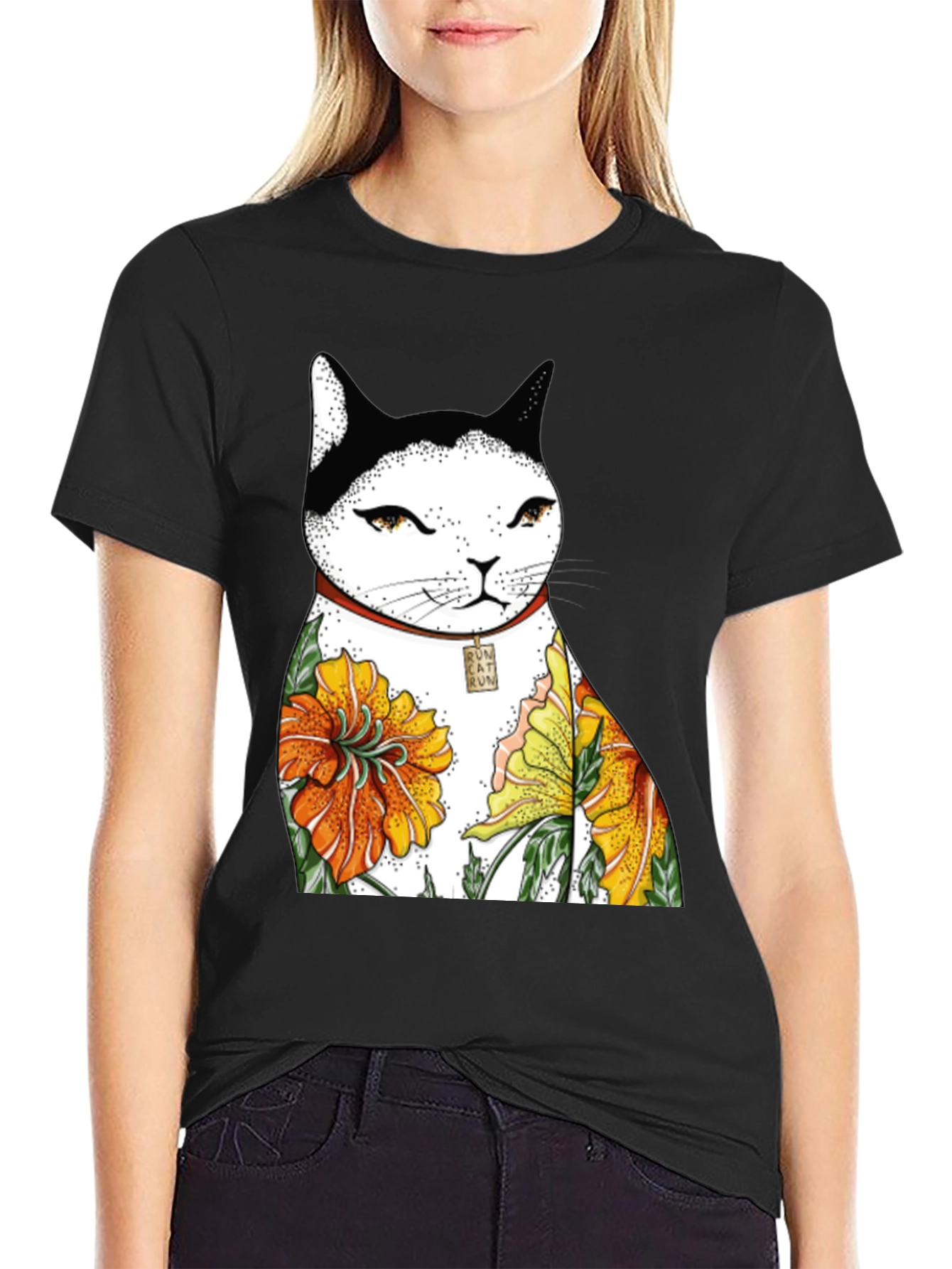 Black Cat & Flowers Black T-Shirt view 2