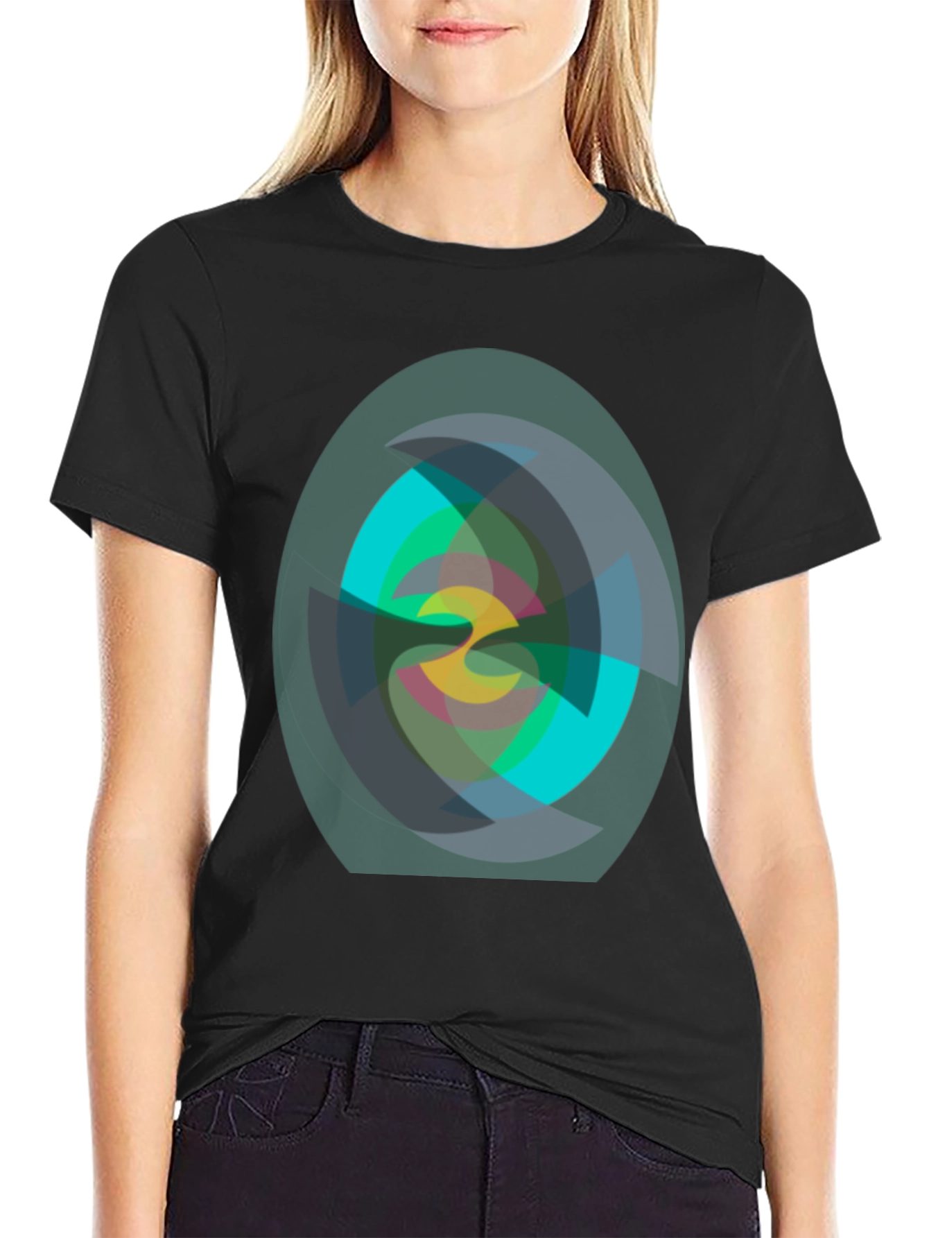 Black Abstract Geometric Print Black T-Shirt view 2