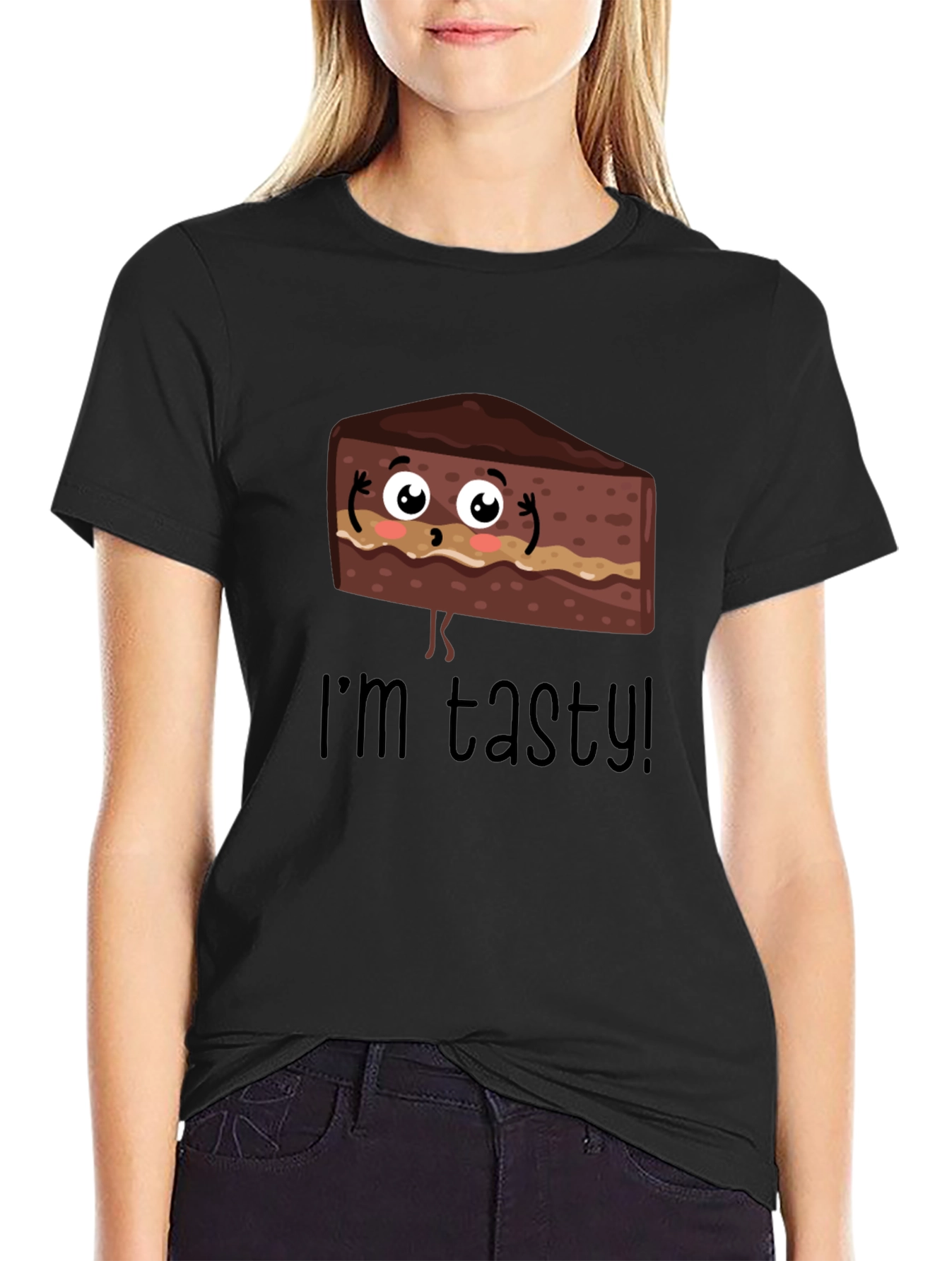 Black Tasty Cartoon Cake Graphic T-Shirt view 2
