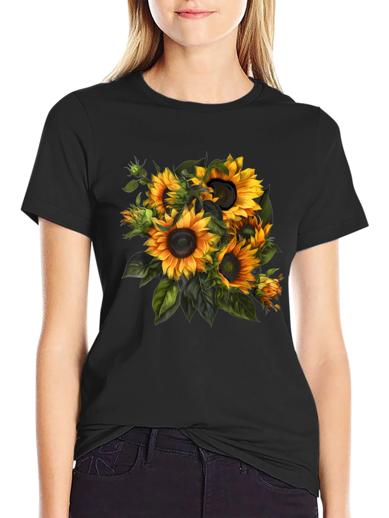 Black Sunflower Bouquet Graphic Tee - Stylish Floral Design view 2