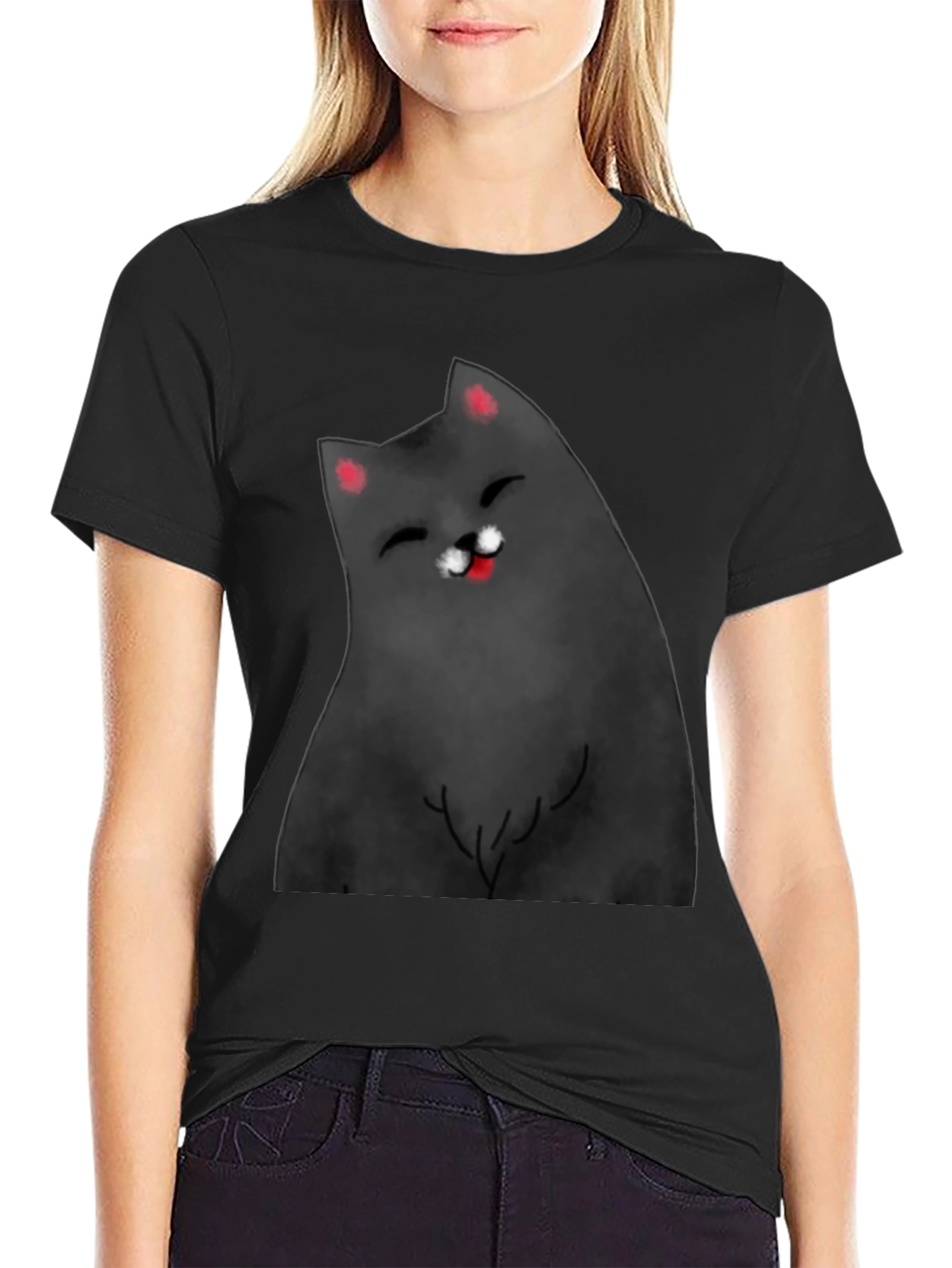 Black Smiling Cat Graphic Tee - Black Cotton Blend Shirt view 2