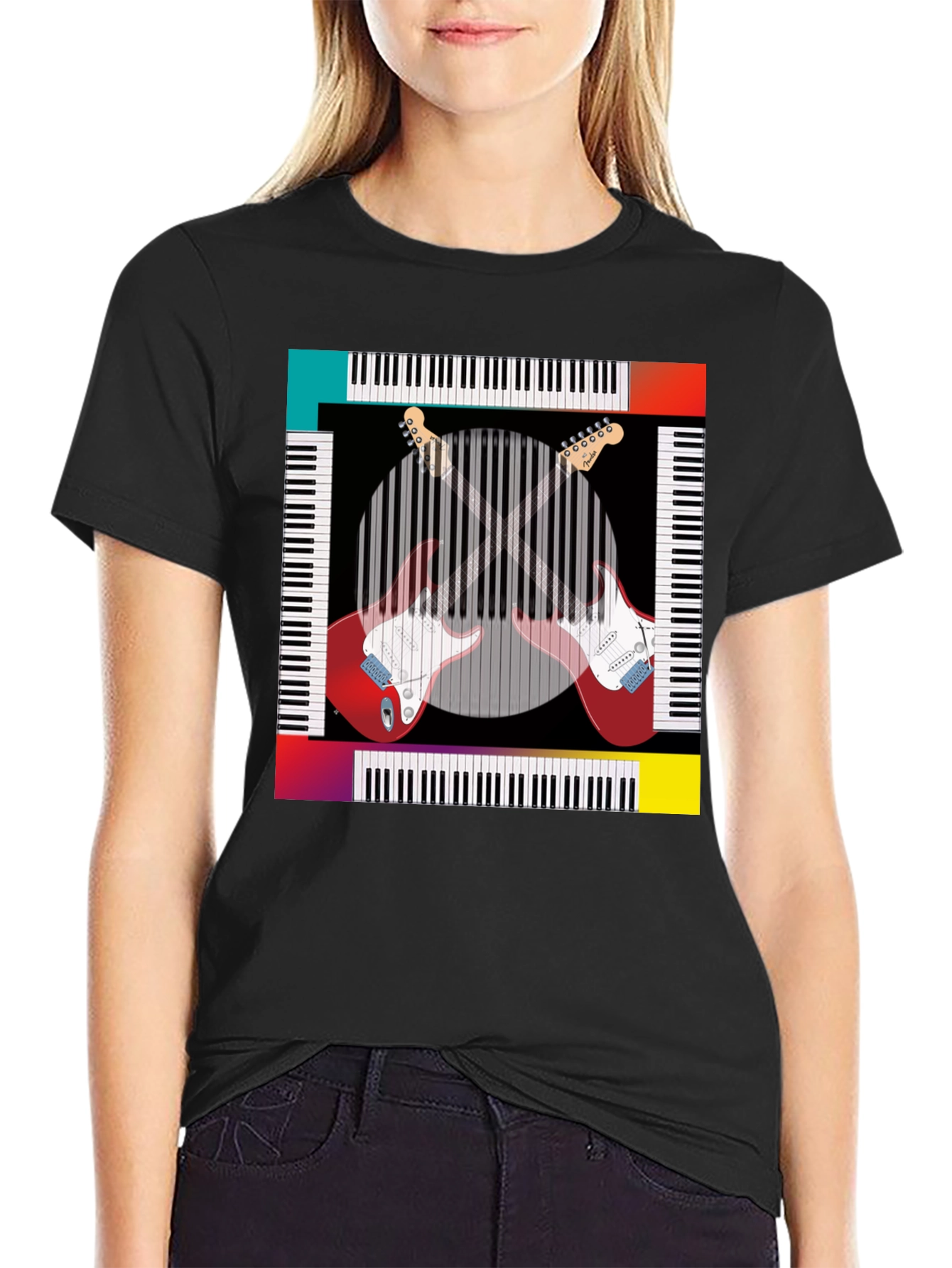 Black Music Lover Tee: Guitar & Piano Design view 2