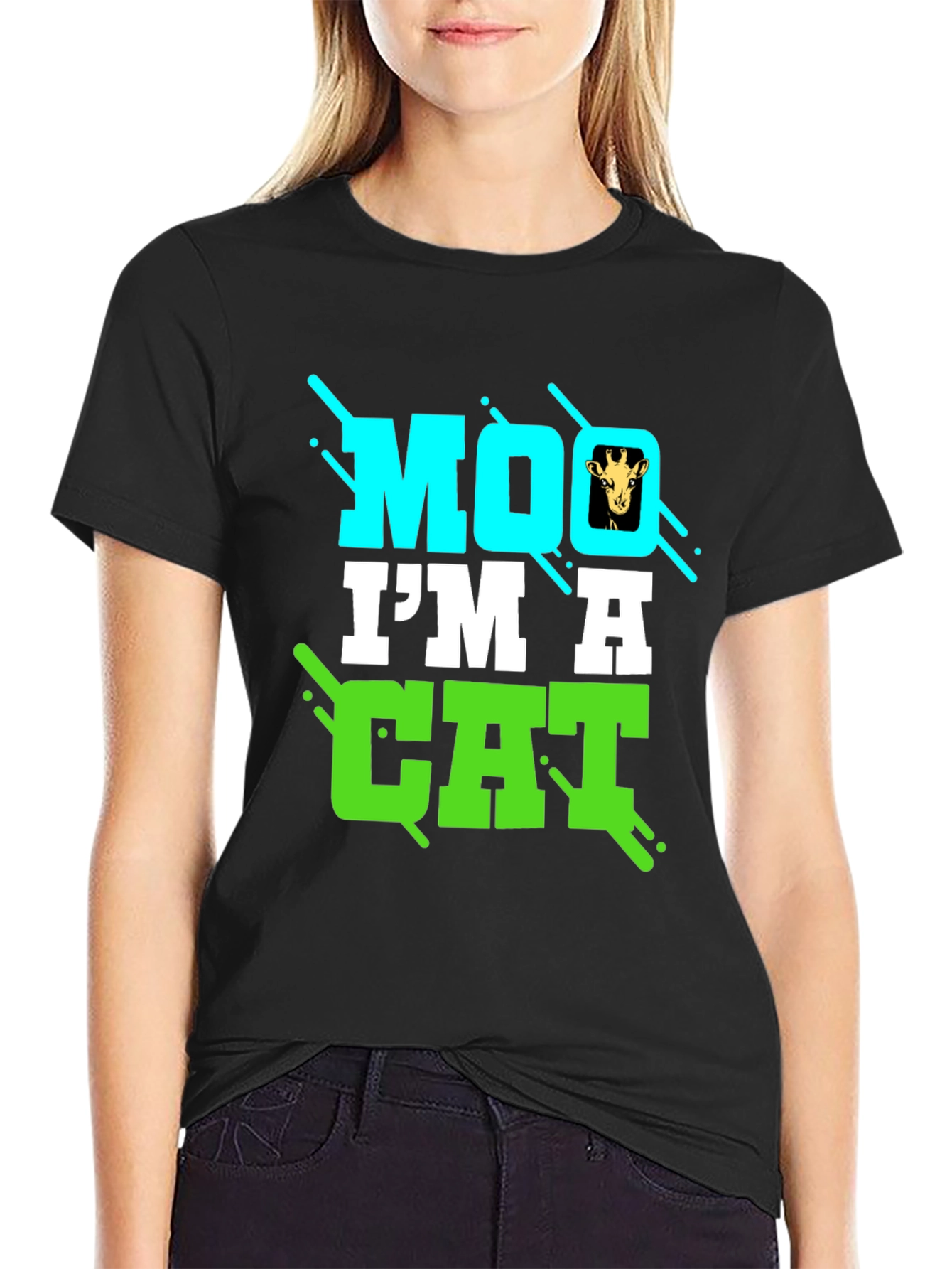 Black Funny Giraffe Moo I'm a Cat Graphic T-Shirt view 2