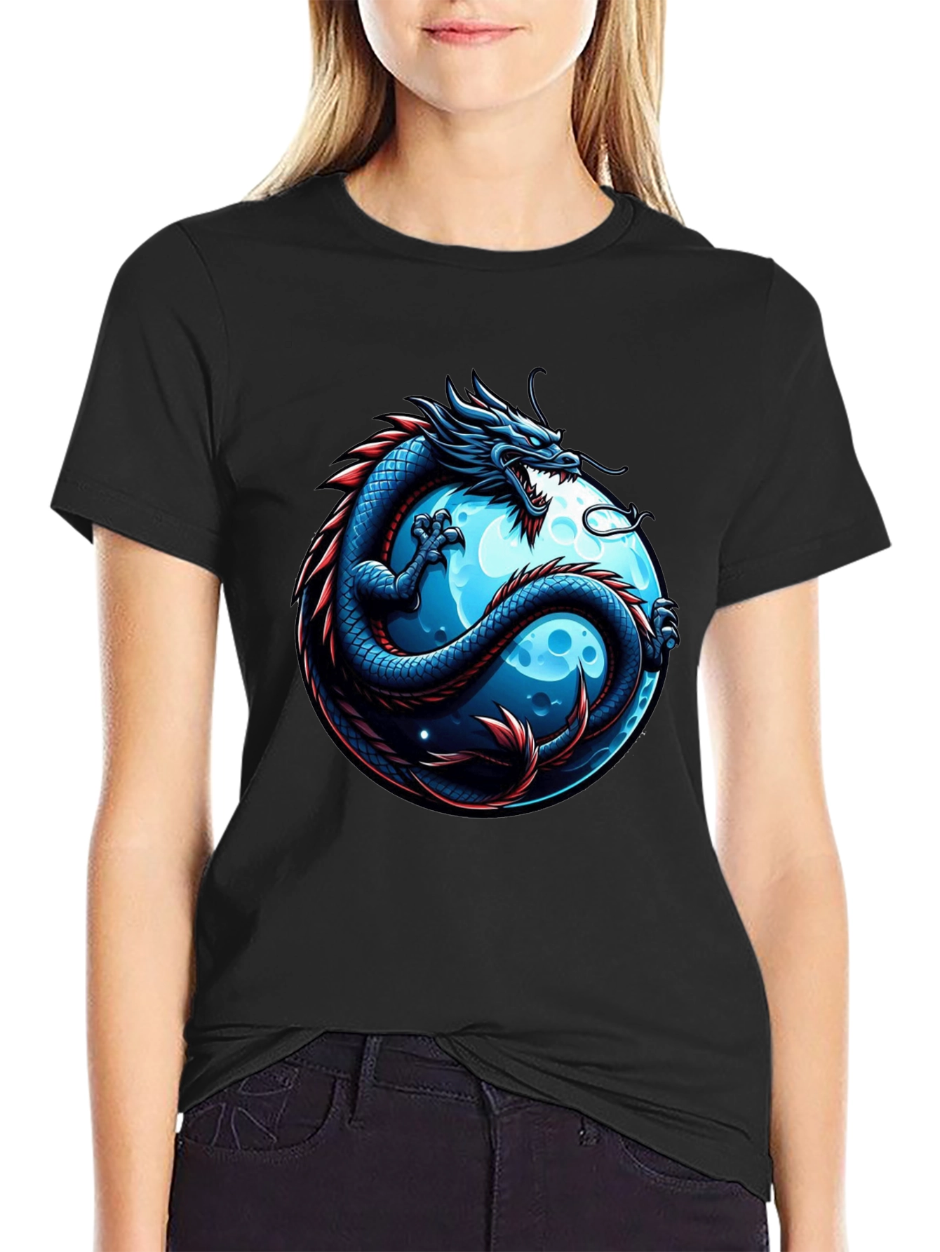 Black Dragon & Moon Graphic T-Shirt - Men's Black Tee view 2