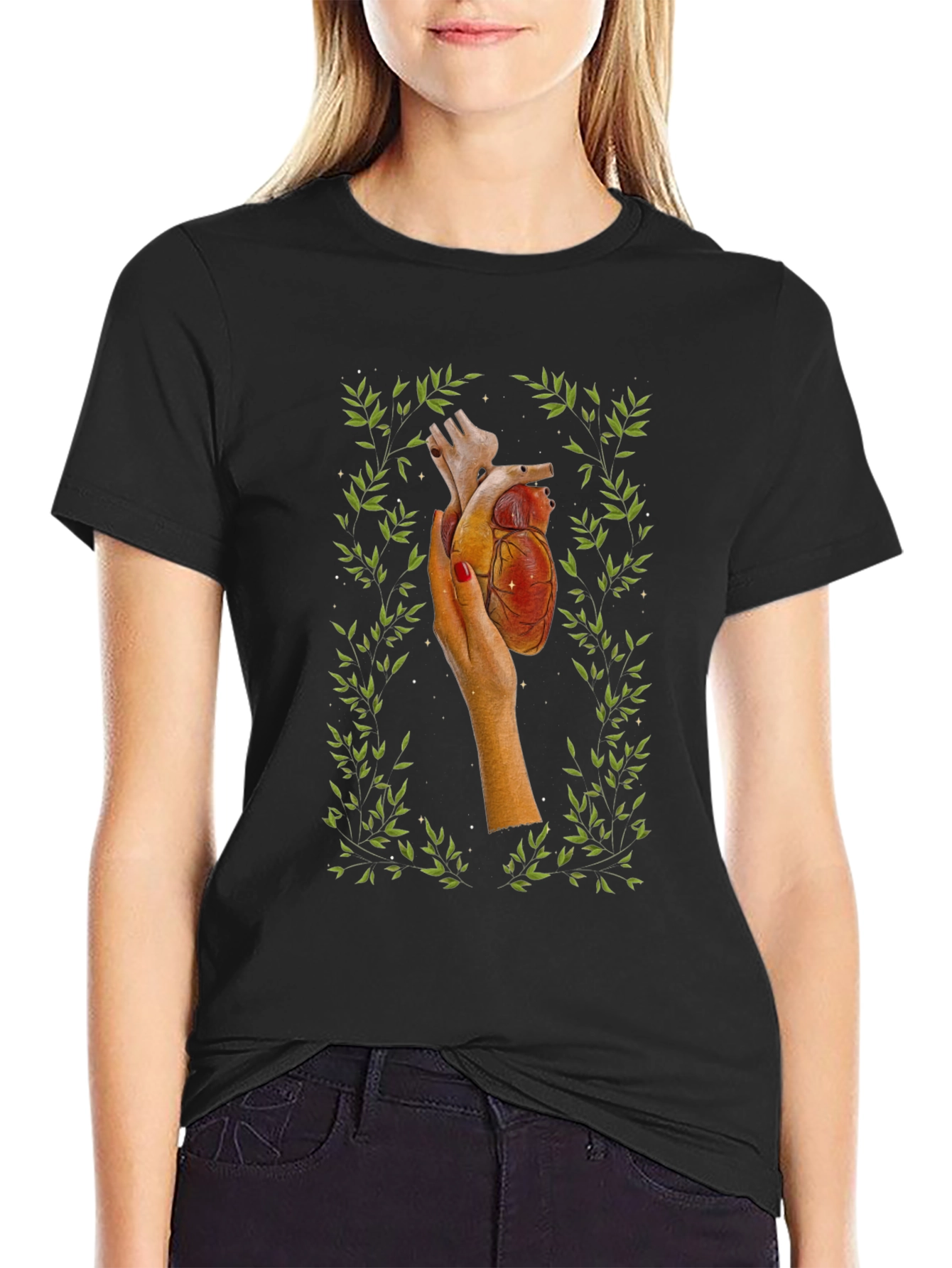Black Anatomical Heart in Hand Tee view 2