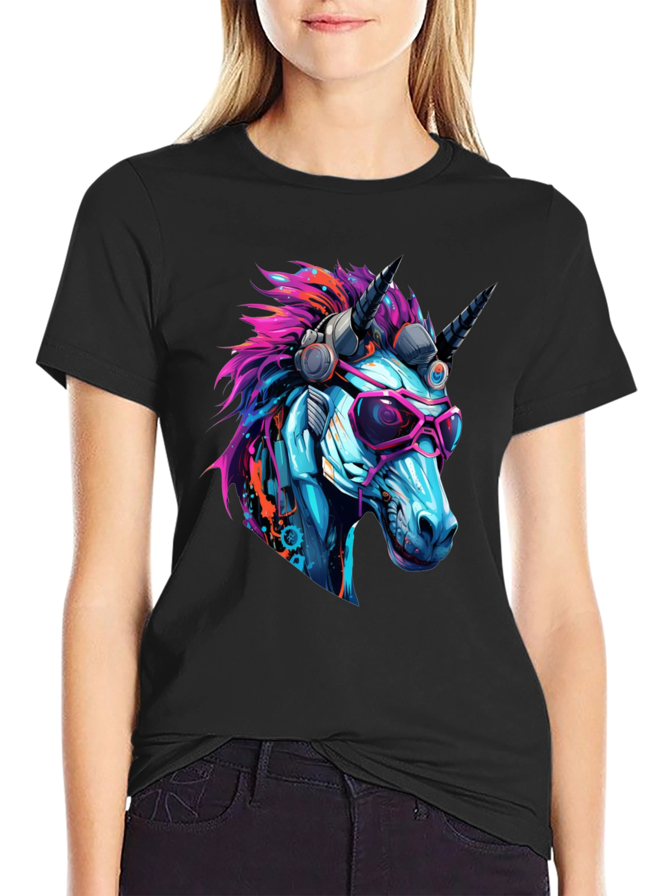 Black Cyberpunk Unicorn Graphic T-Shirt - Cool, Edgy Design view 2