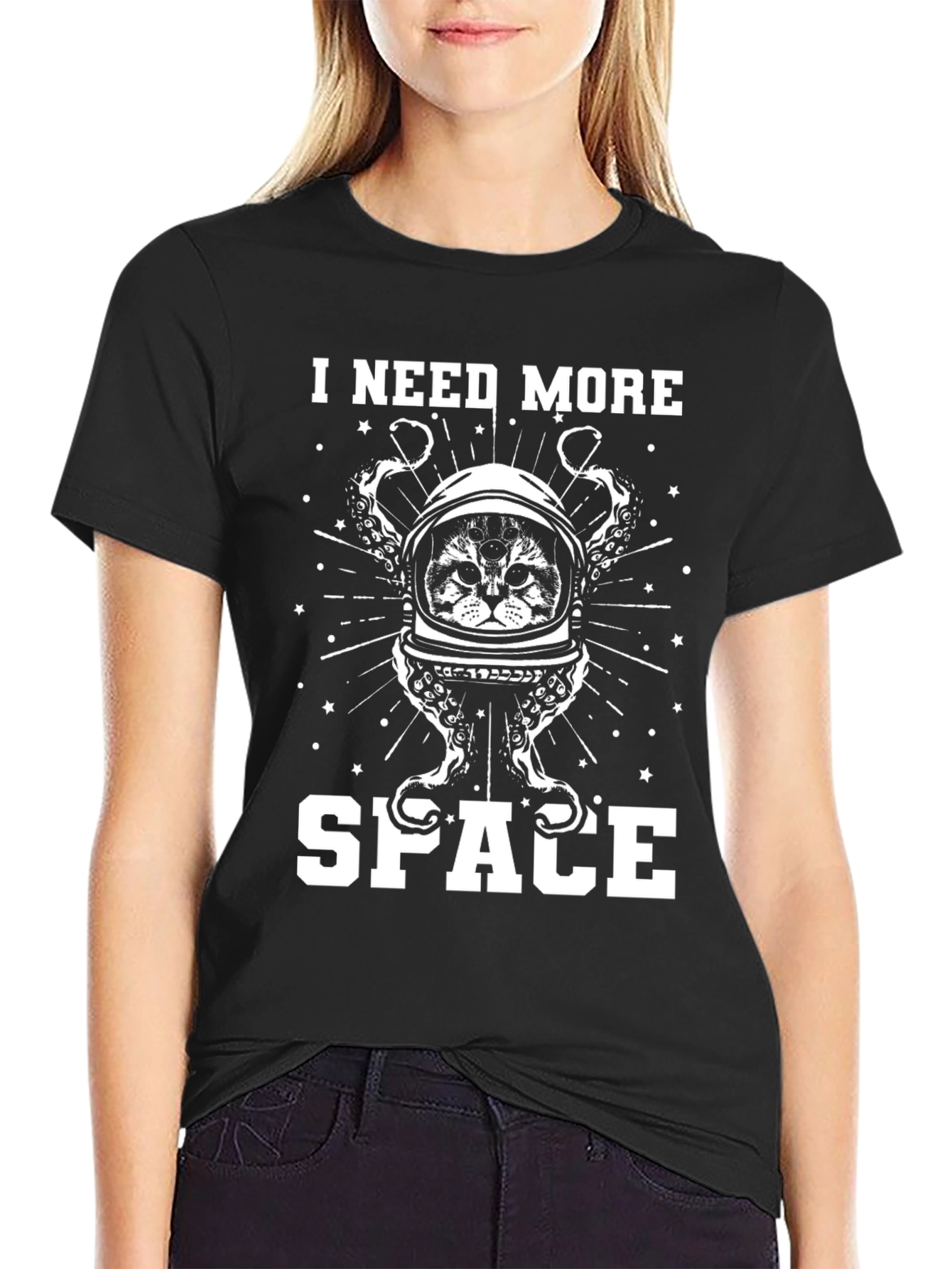 Black I Need More Space Cat Astronaut T-Shirt view 2