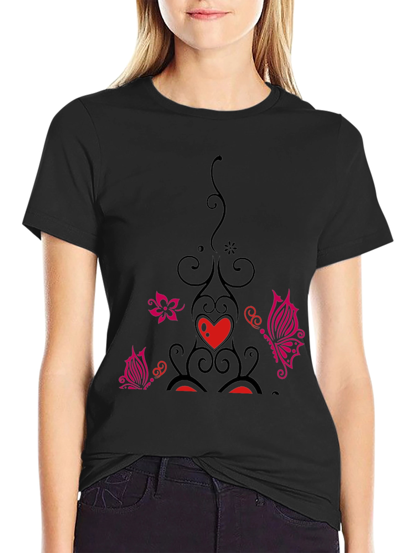 Black Black Tee with Floral Heart Butterfly Design view 2