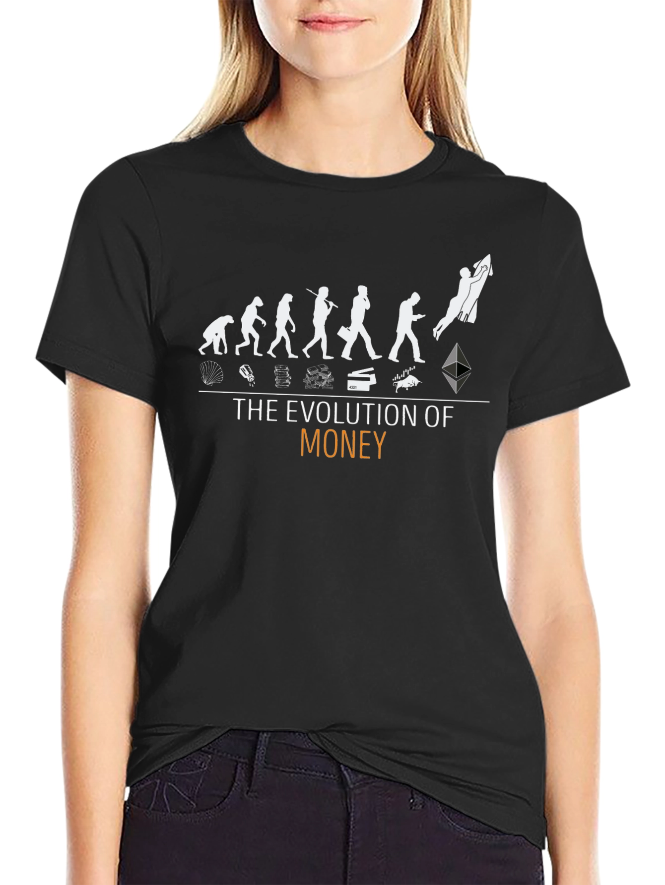 Black Evolution of Money Graphic Tee - Crypto Humor T-Shirt view 2