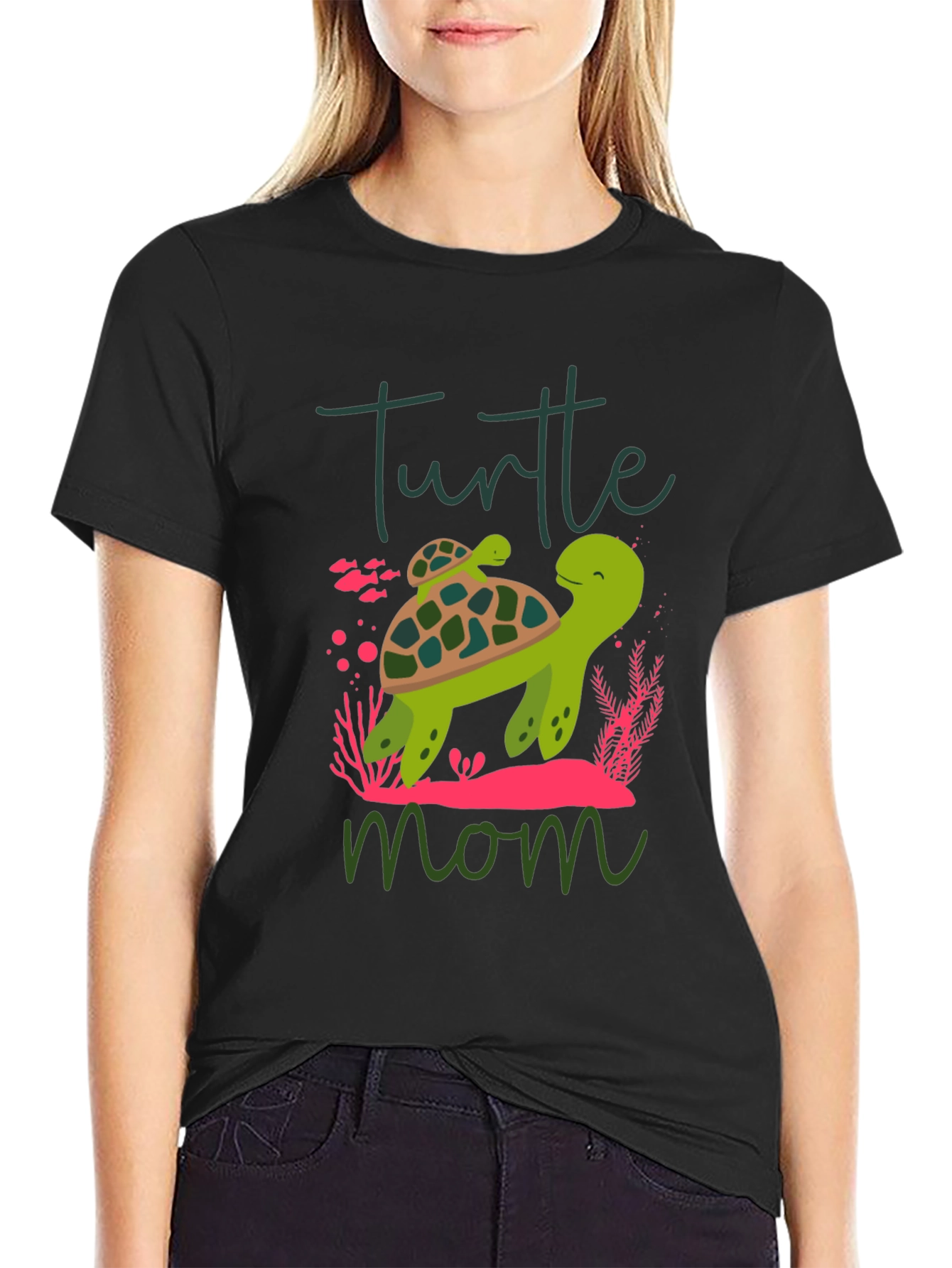 Black Turtle Mom Graphic T-Shirt, Cute Animal Tee view 2
