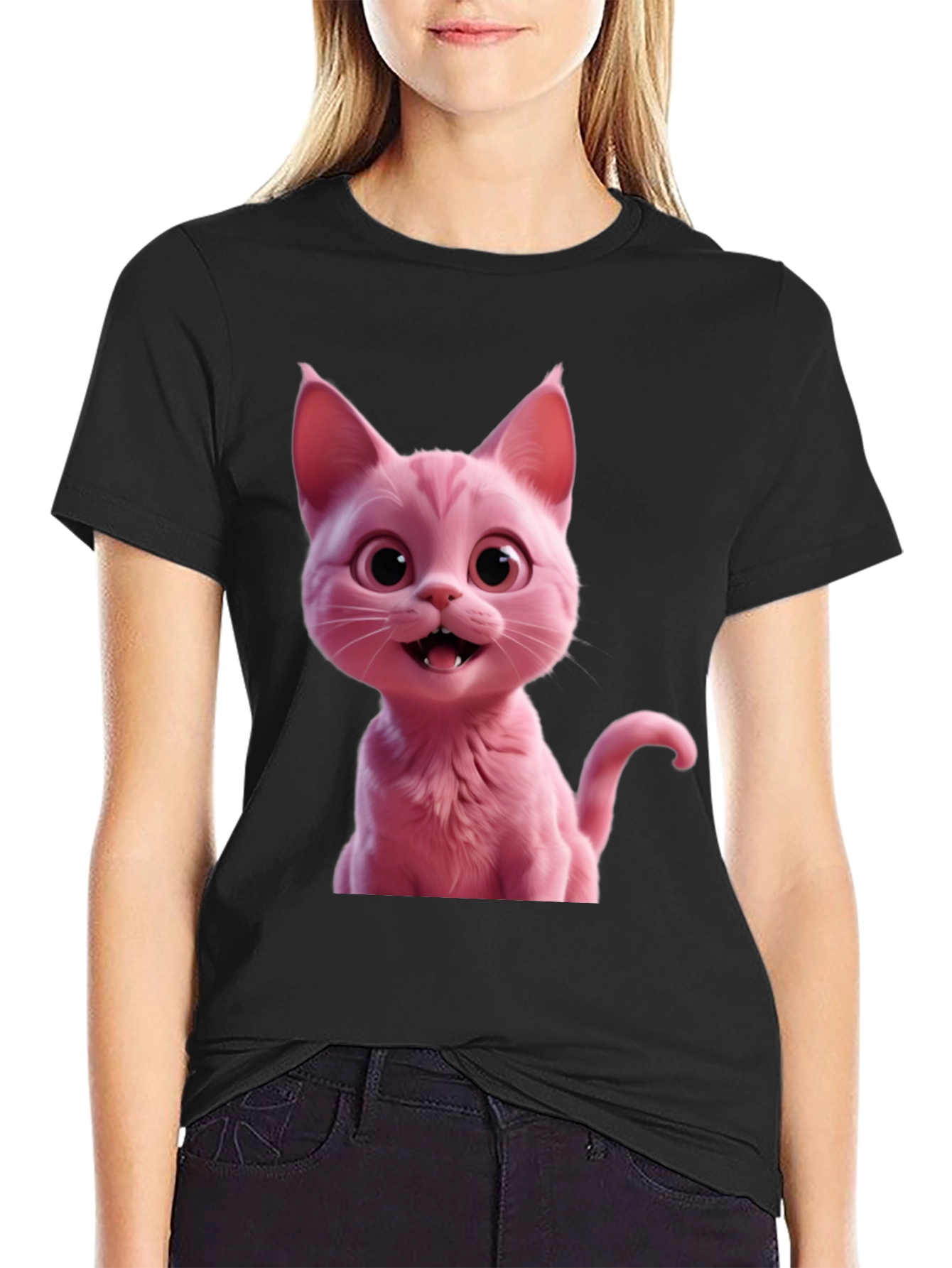 Black Pink Cat Graphic Tee - Black Unisex T-Shirt view 2