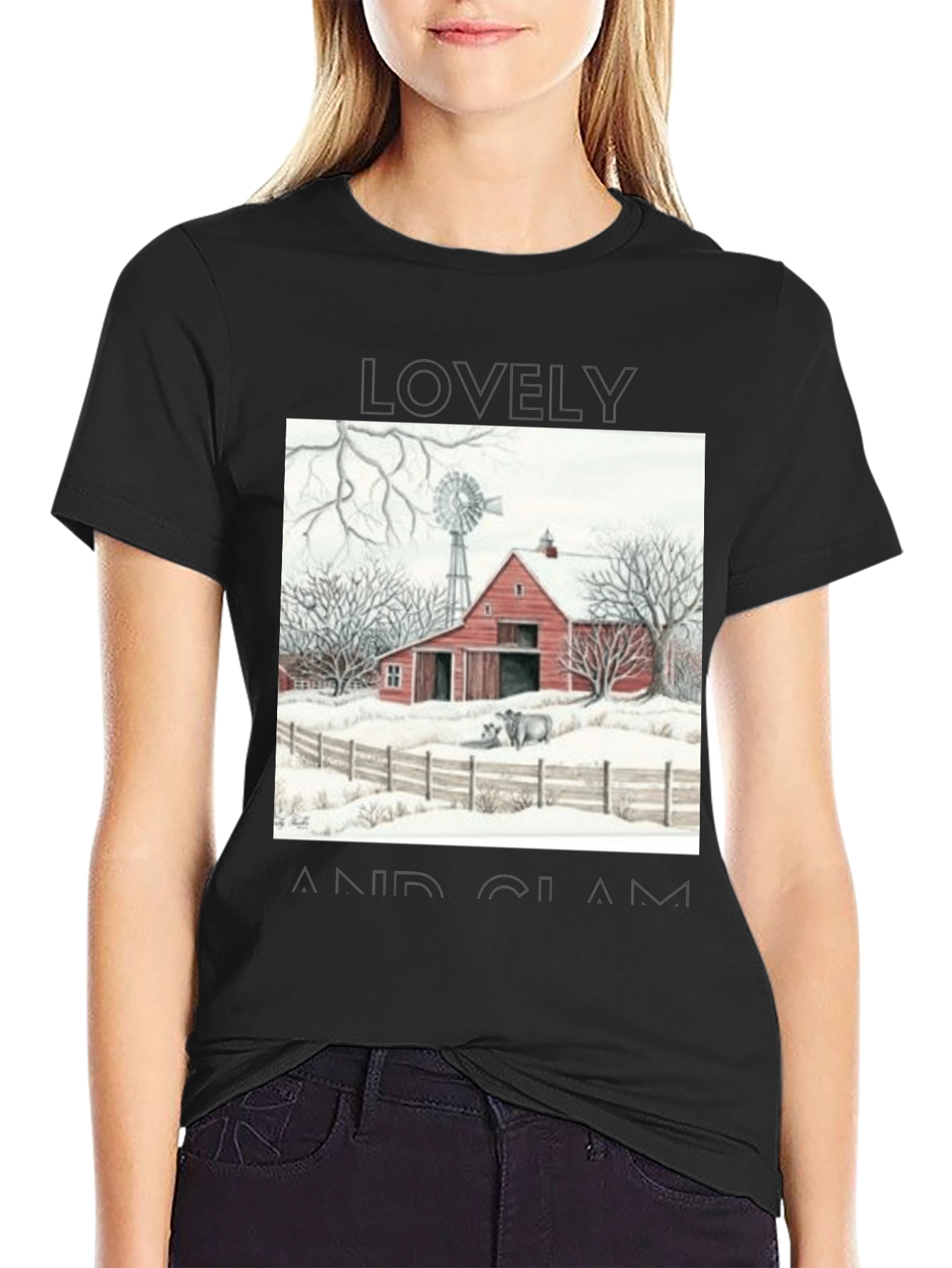 Black Rustic Barn Winter Scene Graphic Tee view 2