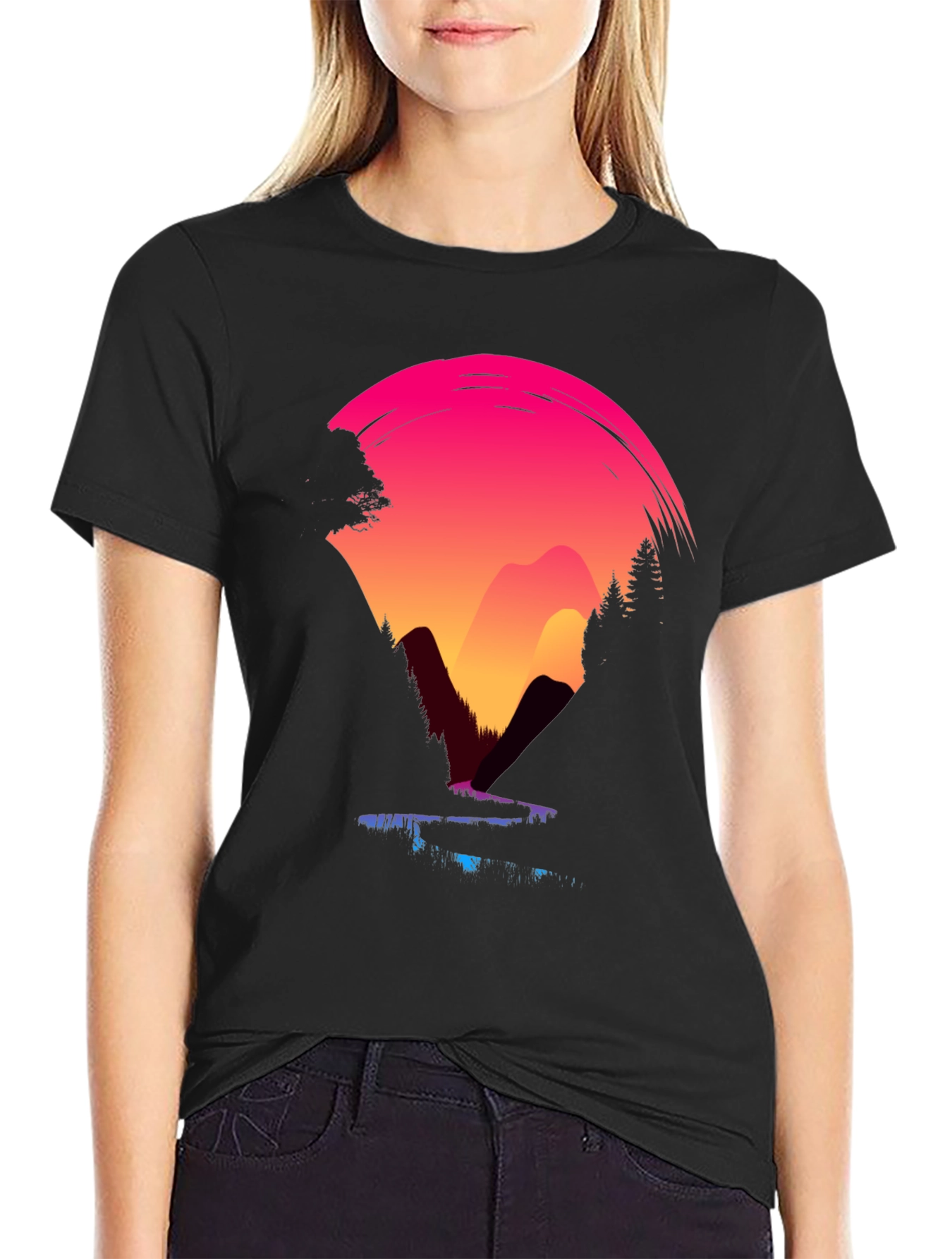 Black Sunset Mountain Graphic Tee - Black Casual Shirt view 2