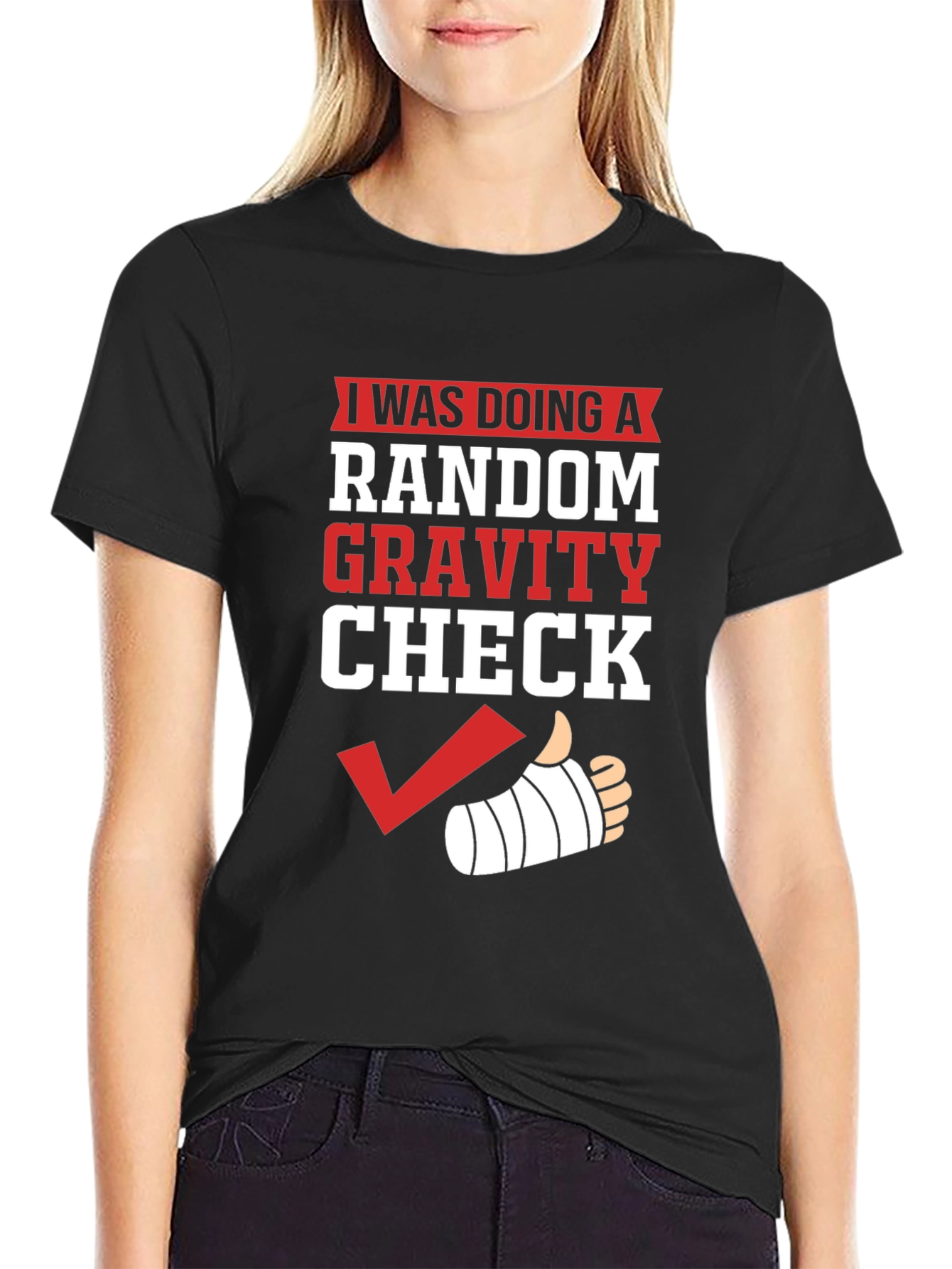 Black Random Gravity Check Humor T-Shirt view 2