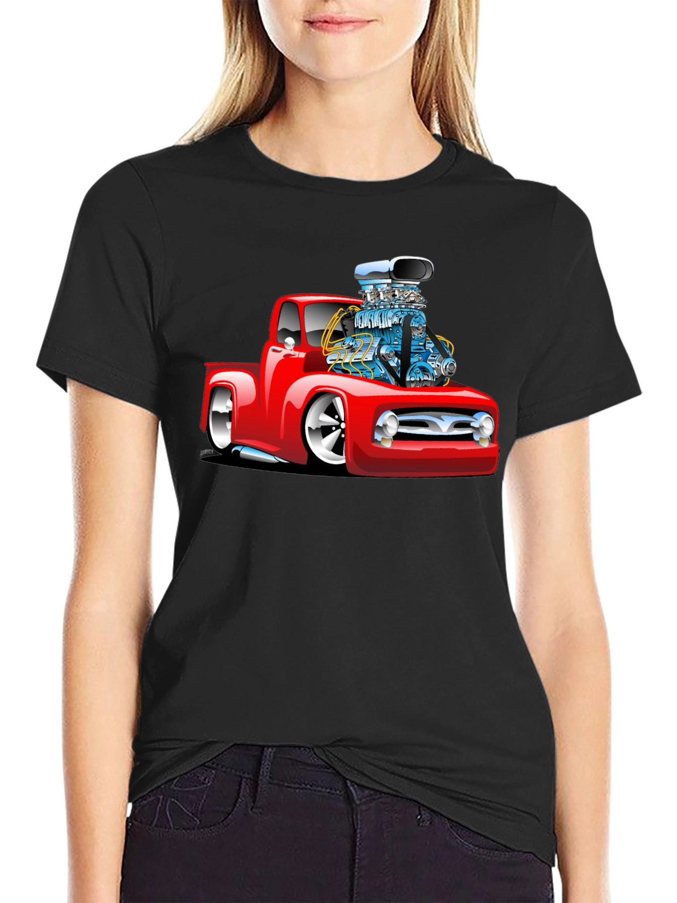 Black Red Hot Rod Truck Graphic Tee - Black view 2