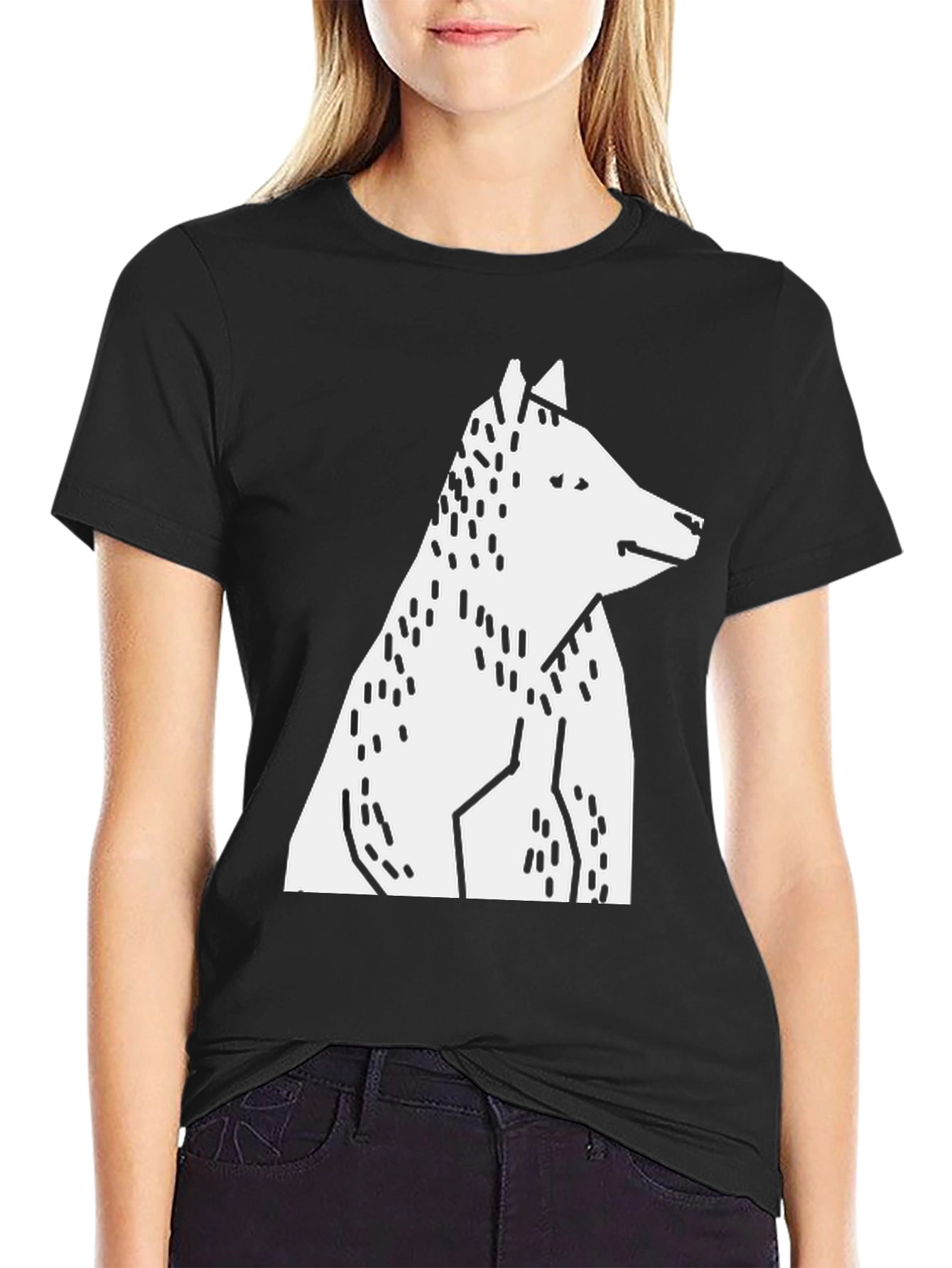 Black Abstract Geometric Wolf Graphic Tee - Black Cotton T-Shirt view 2