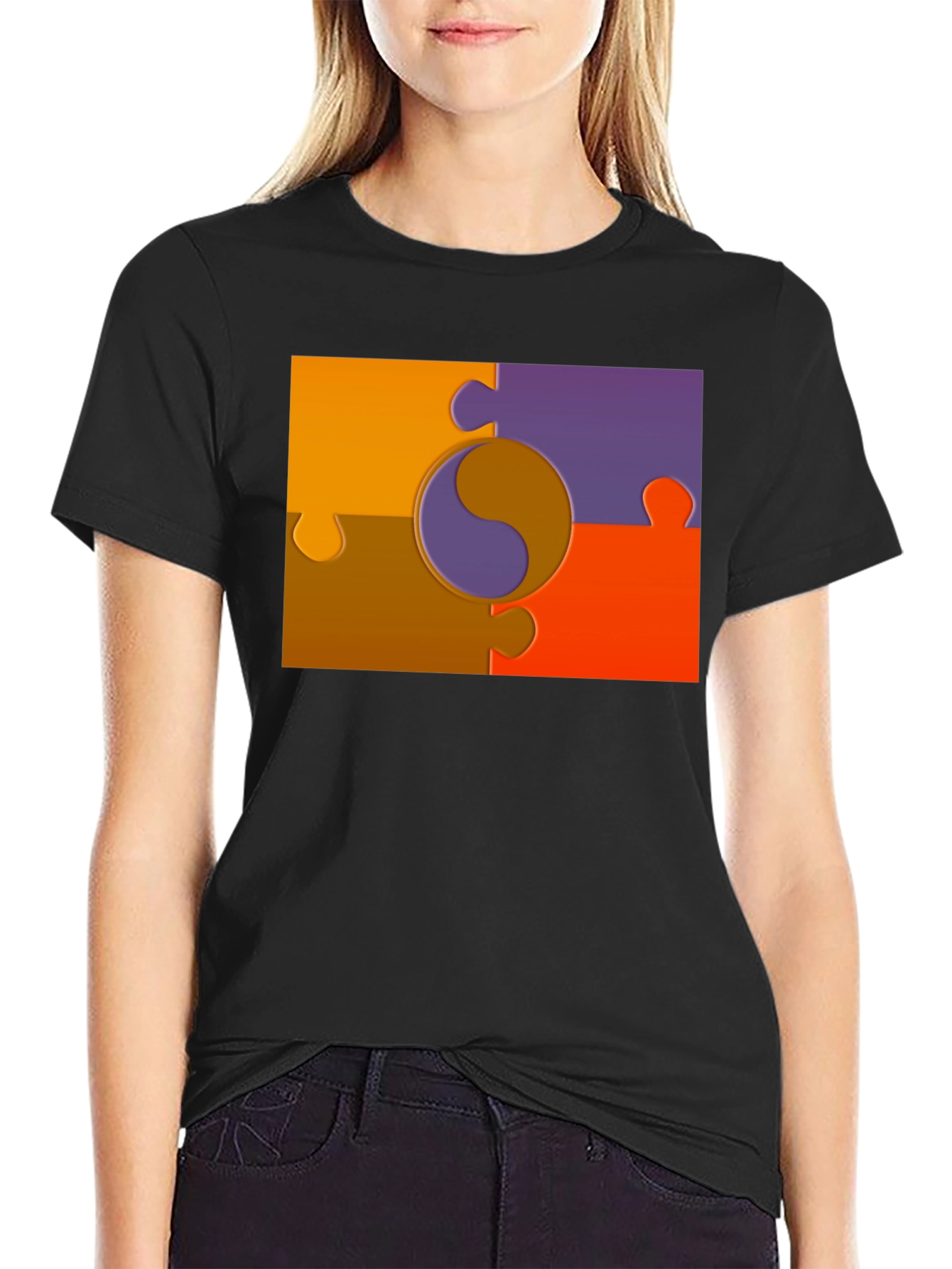 Black Yin Yang Puzzle Piece Graphic T-Shirt view 2