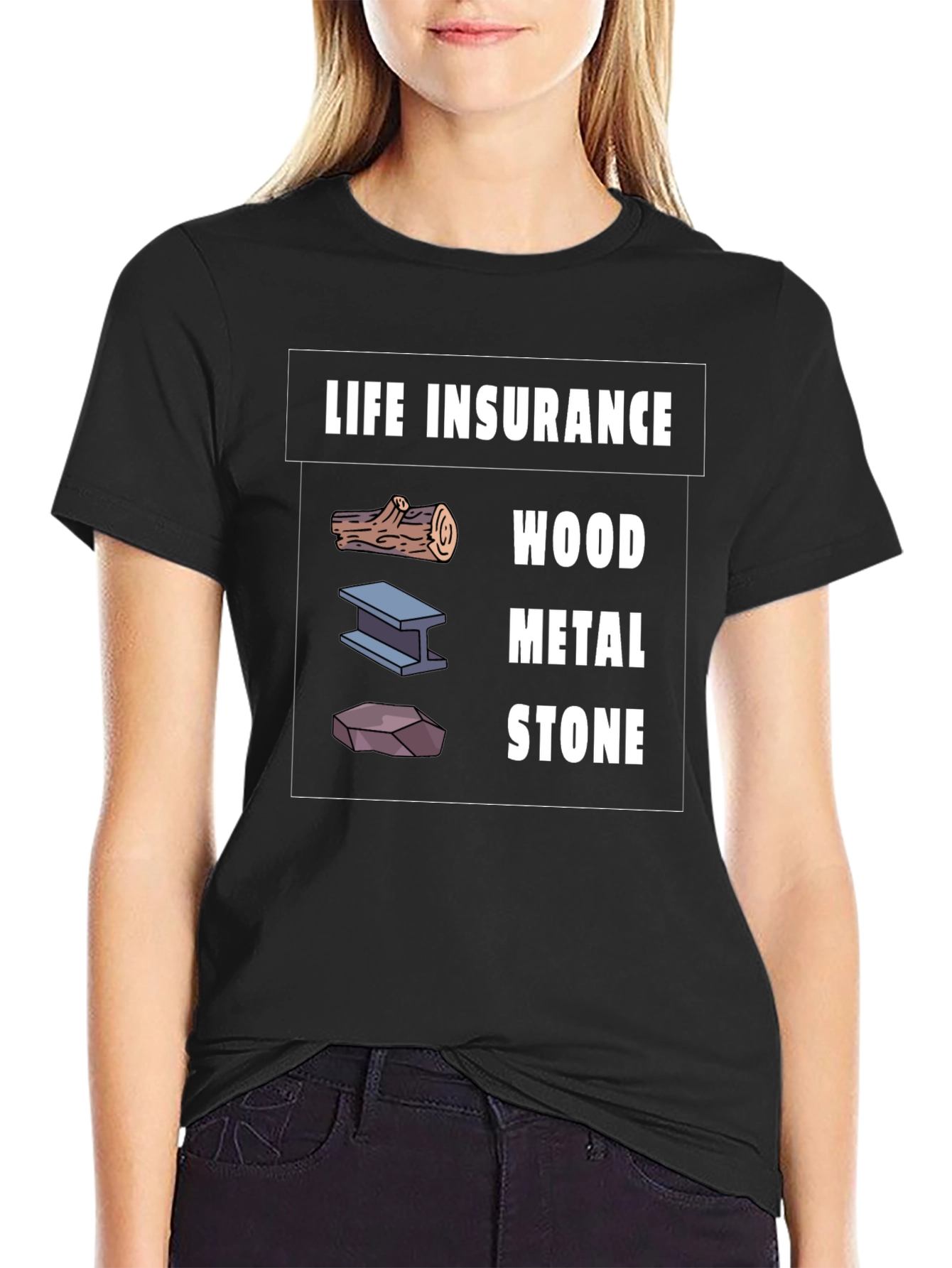 Black Life Insurance Wood Metal Stone Graphic T-Shirt view 2