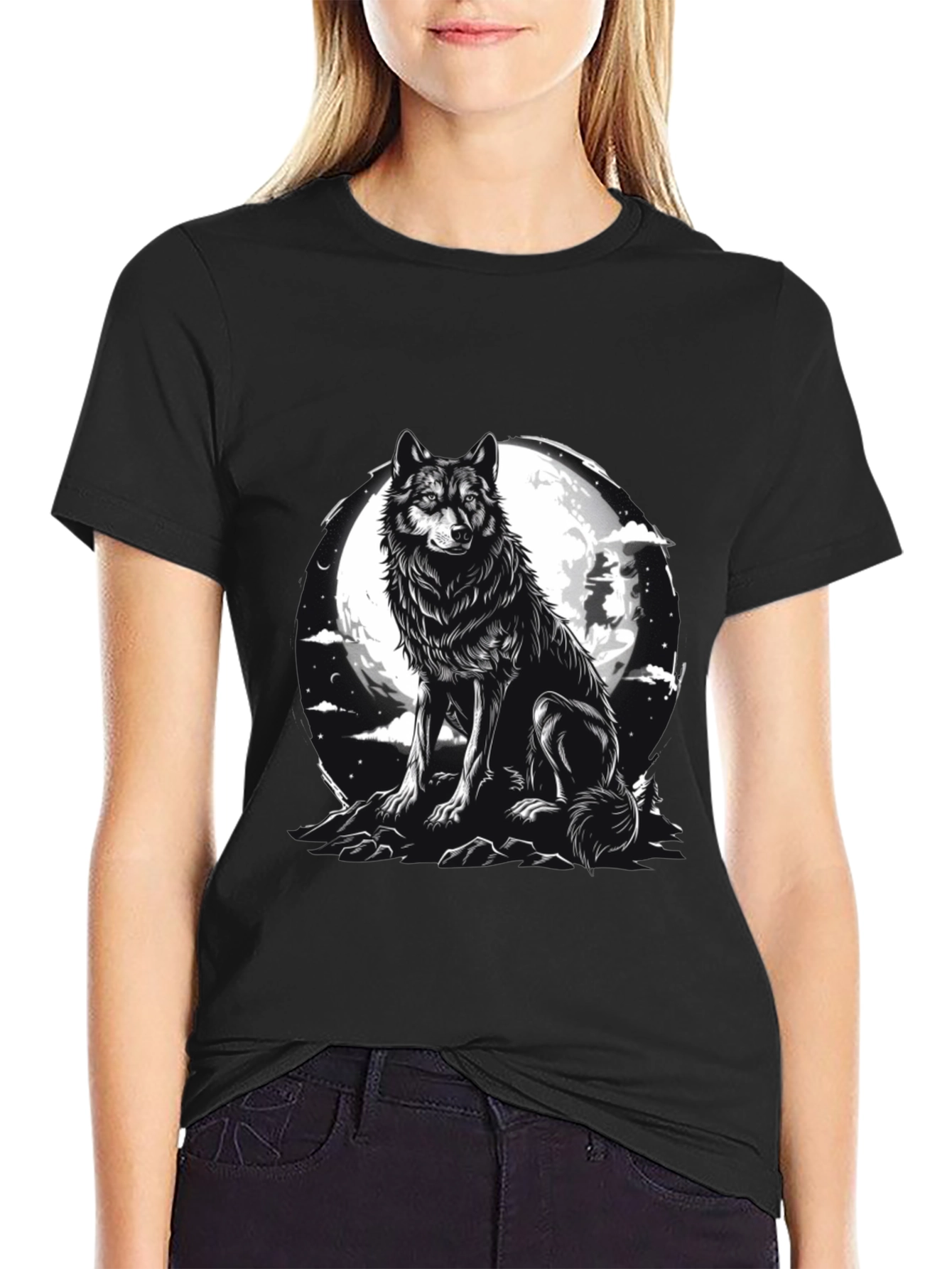 Black Wolf Moon Graphic Tee - Black Cotton Blend view 2