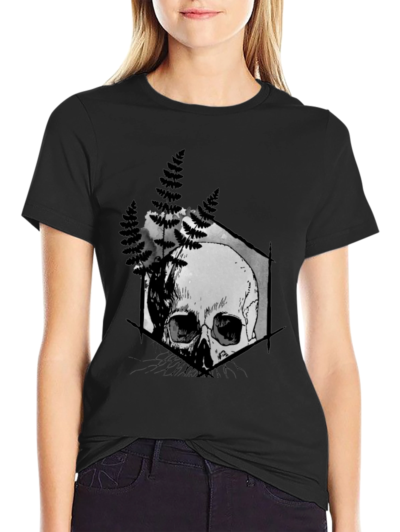 Black Skull Fern Graphic Print Black T-Shirt view 2