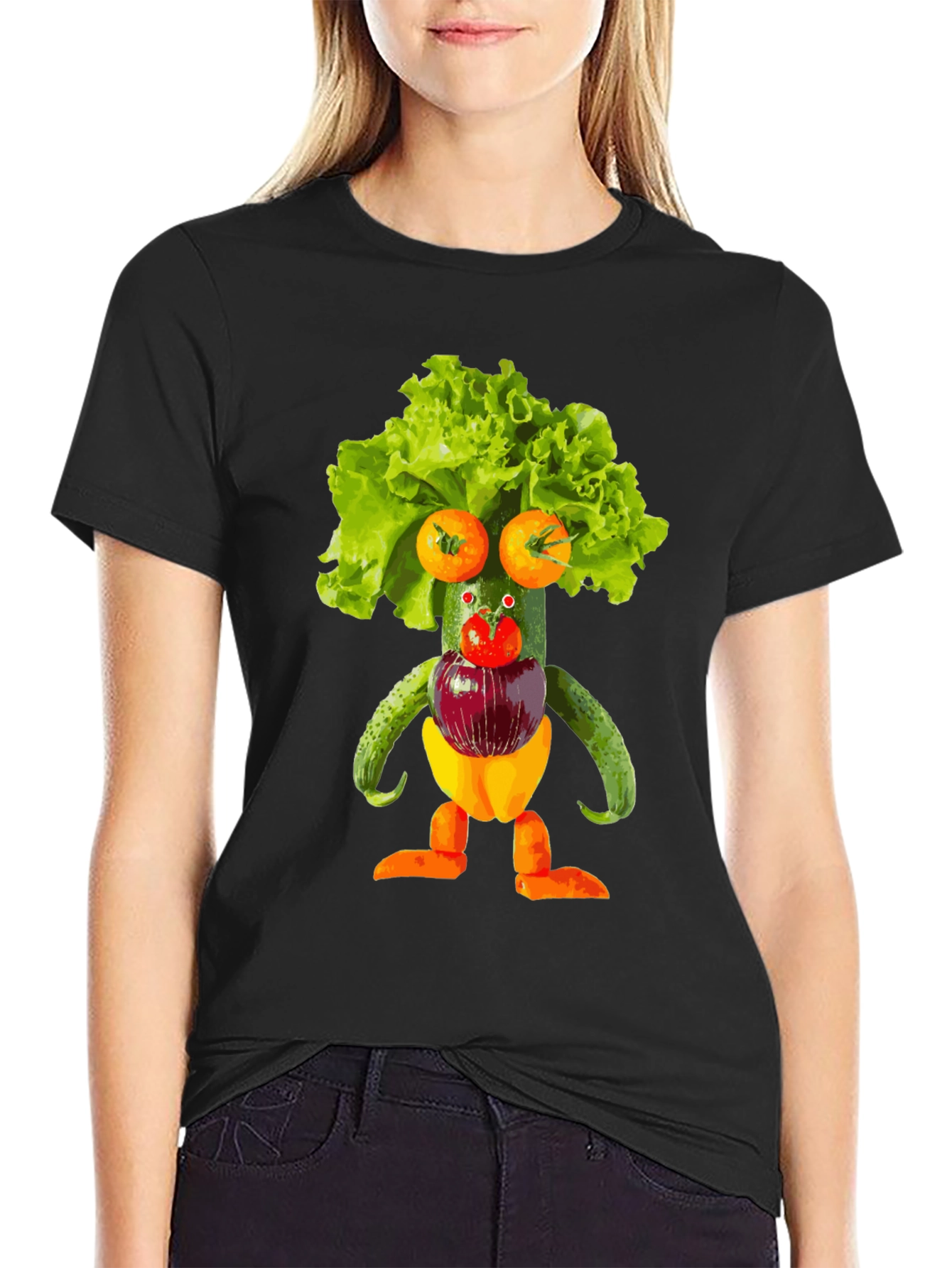 Black Whimsical Vegetable Art T-Shirt - Unique Foodie Fashion view 2