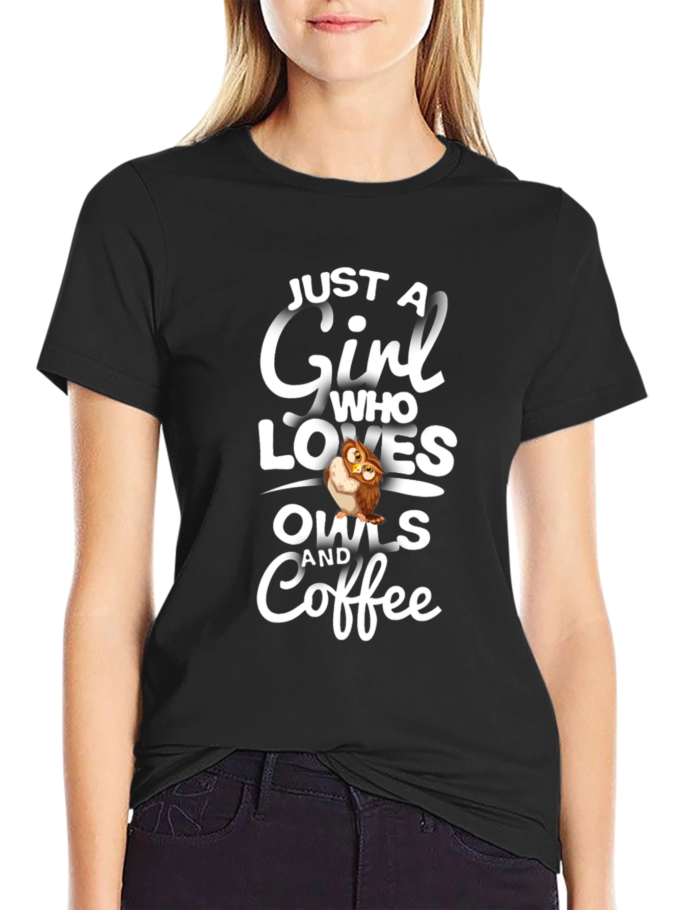 Black Just a Girl Who Loves Owls and Coffee T-Shirt view 2