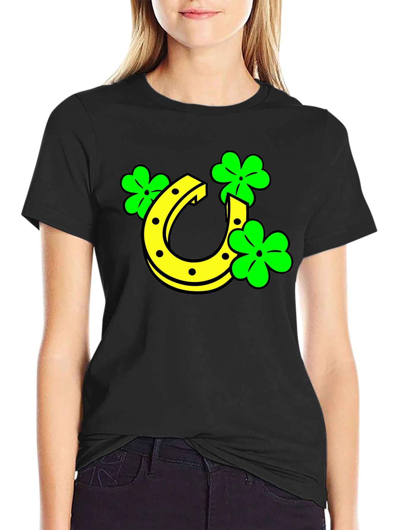 Black Lucky Horseshoe & Clover Black T-Shirt view 2
