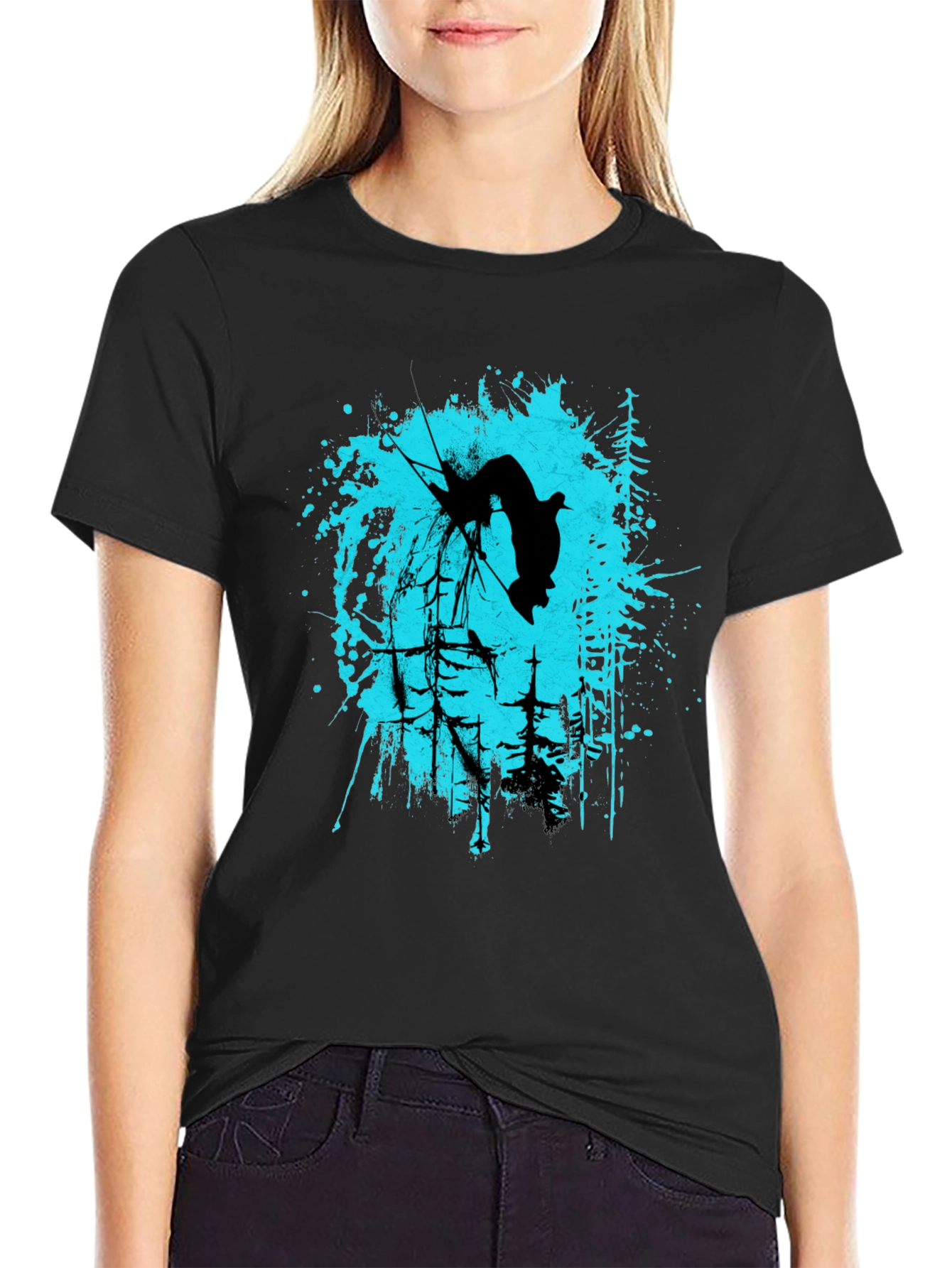 Black Black T-Shirt with Skier Graphic Design view 2