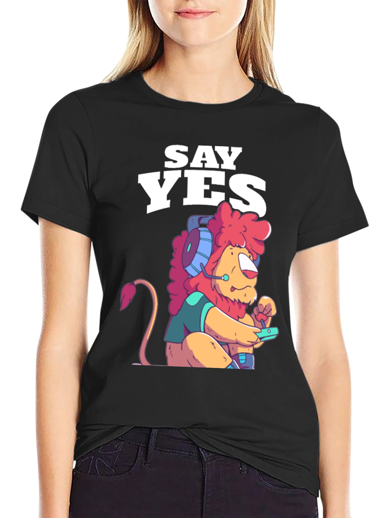 Black Say Yes Lion Gamer Graphic Tee - Black view 2