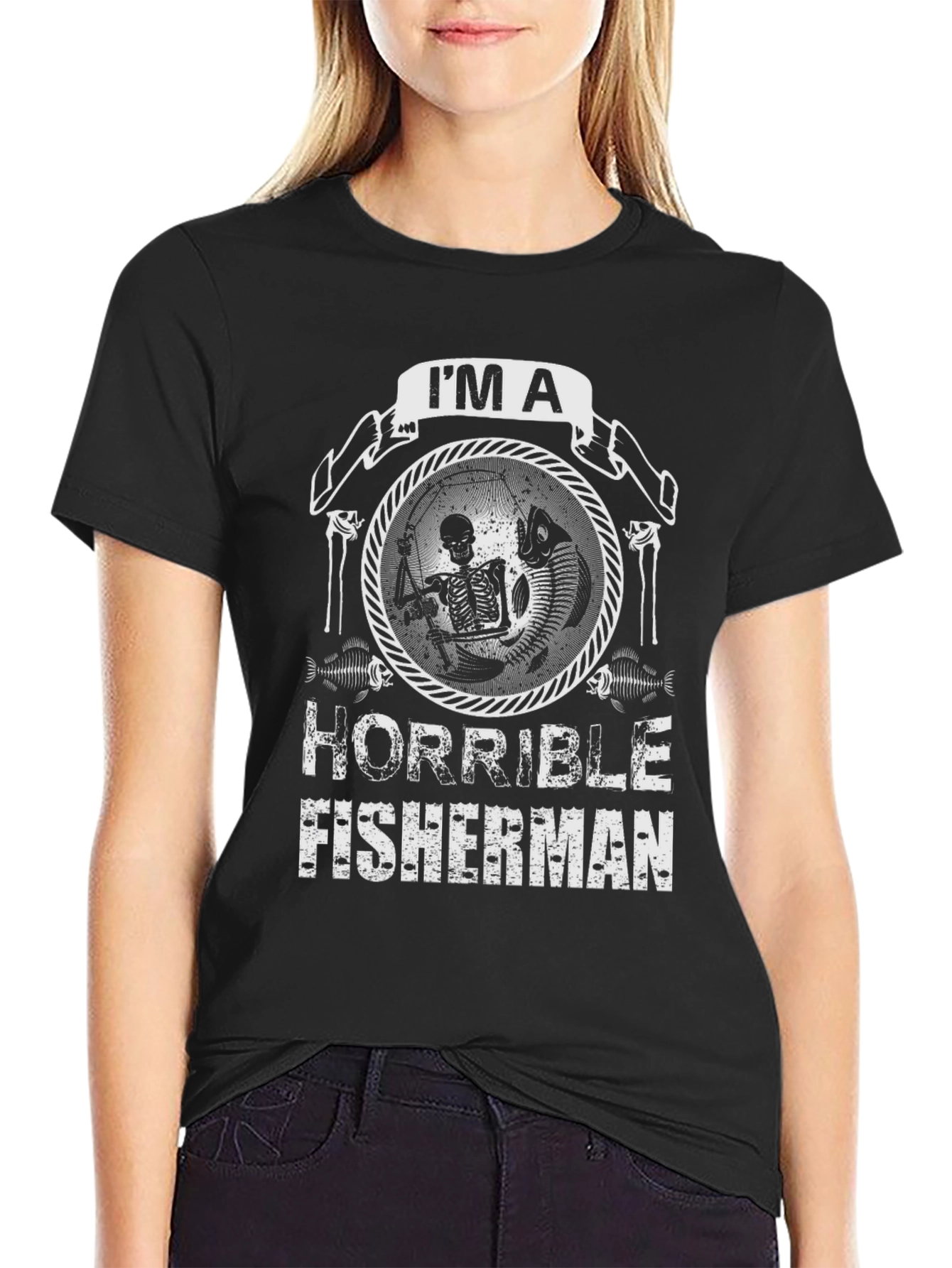 Black Horrible Fisherman Skeleton Graphic T-Shirt view 2