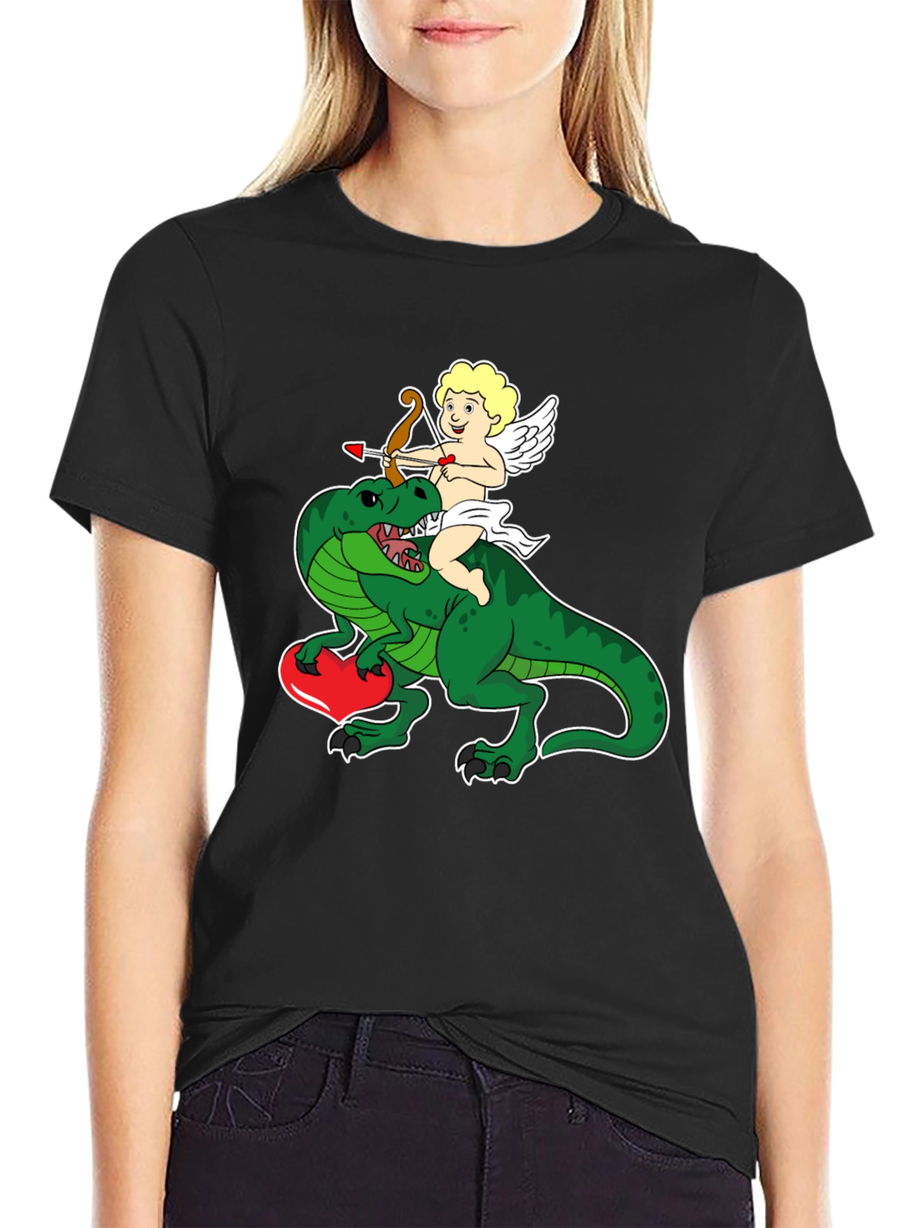Black Cupid Riding Dinosaur T-Shirt - Valentine's Day Love Tee view 2