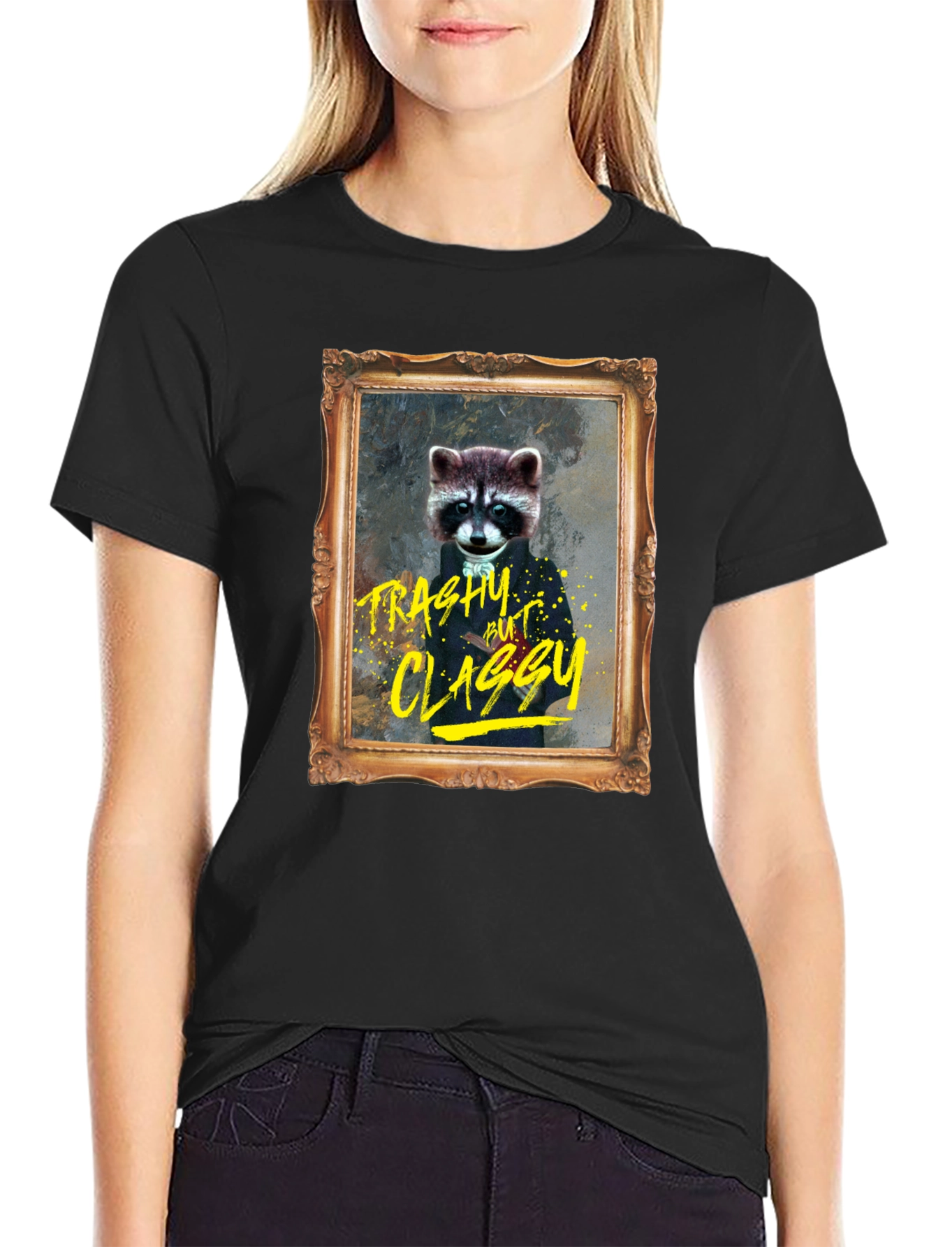 Black Trashy But Classy Raccoon T-Shirt - Funny Novelty Tee view 2