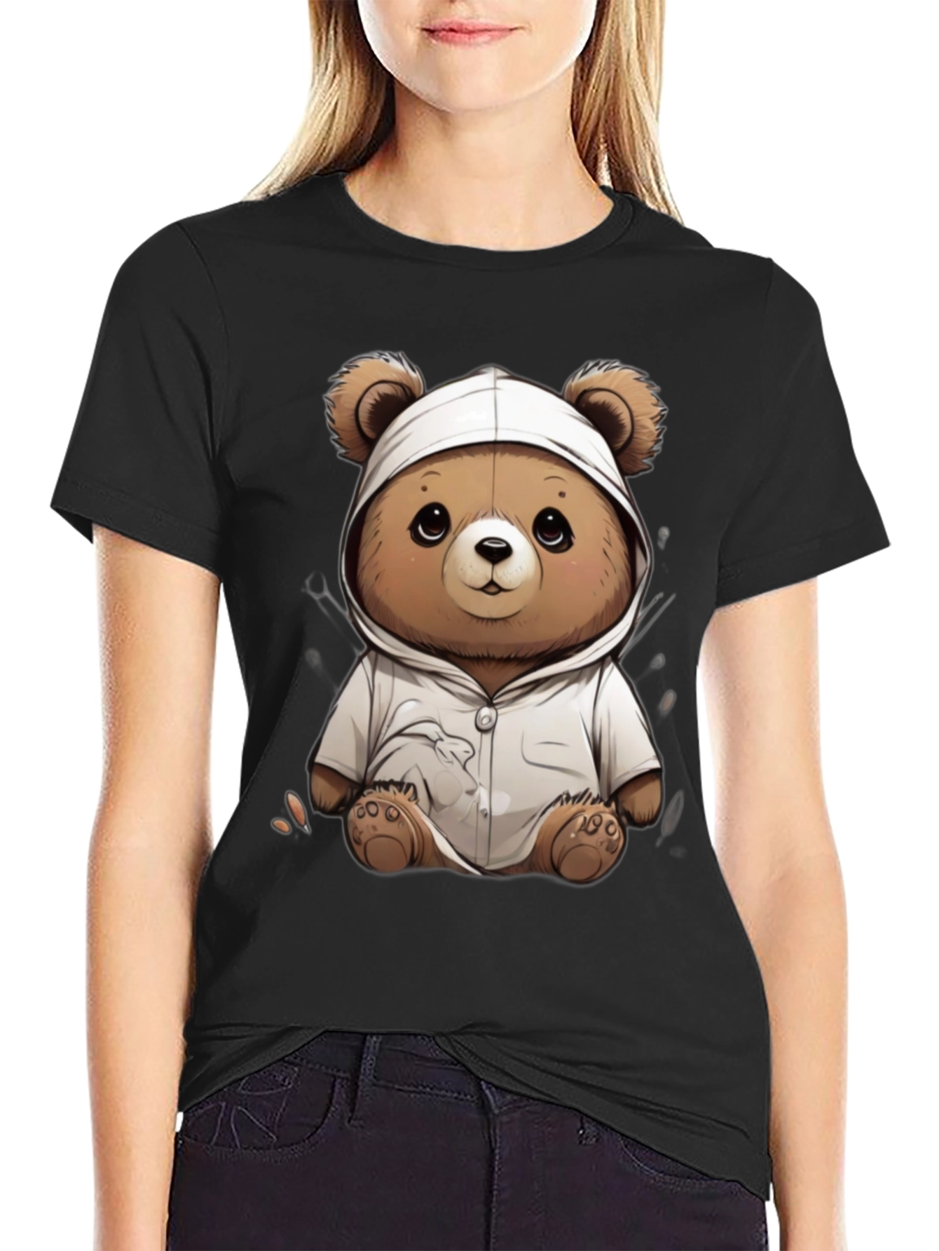 Black Teddy Bear Hoodie T-Shirt - Soft & Stylish view 2