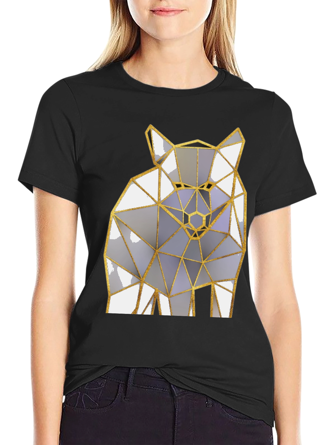 Black Geometric Wolf Graphic Tee - Modern Men's Black T-Shirt view 2