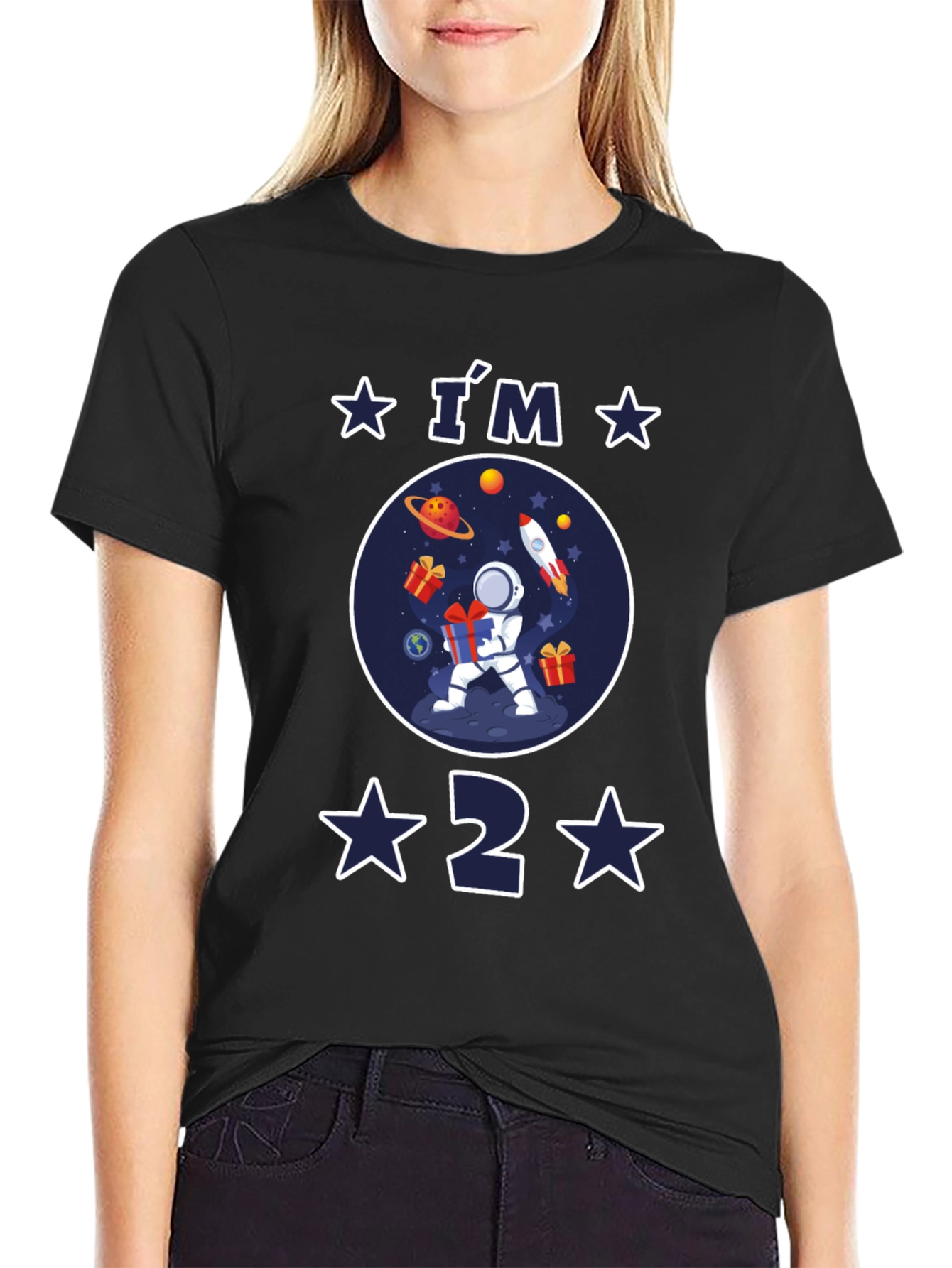 Black I'm 2 Birthday Space Astronaut T-Shirt view 2