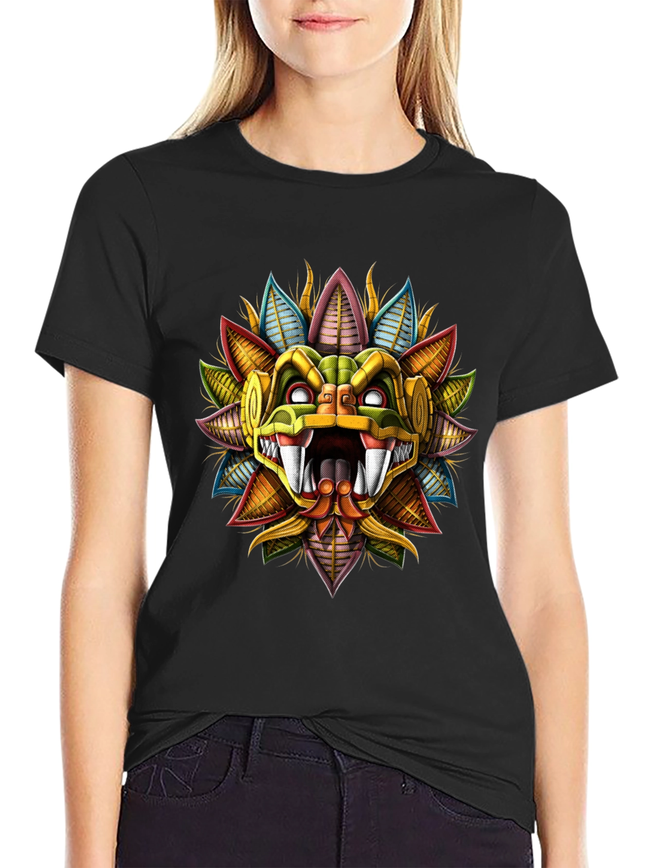 Black Aztec Serpent God T-Shirt - Bold Graphic Tee view 2