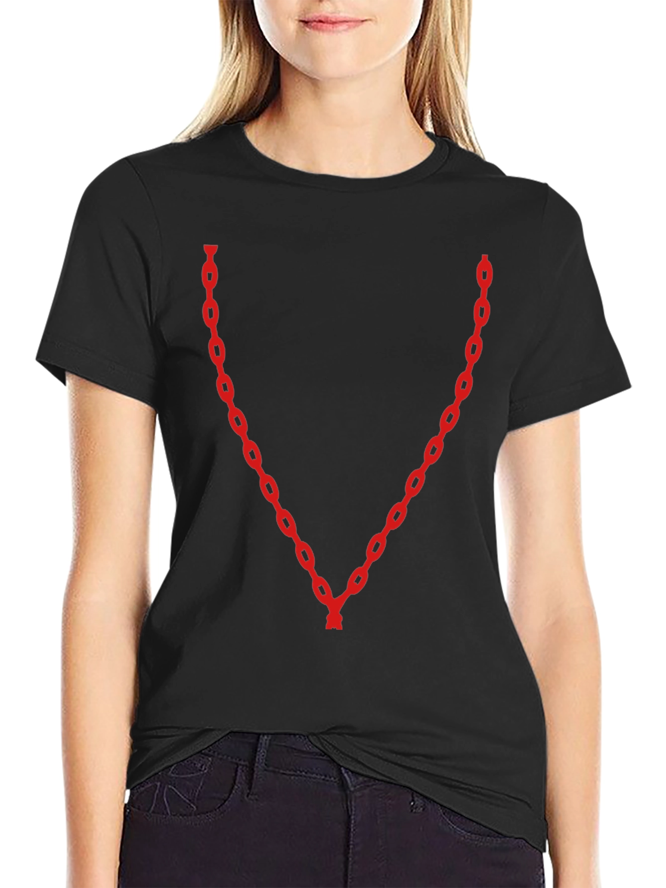 Black Red Chain V-Neck Black T-Shirt view 2