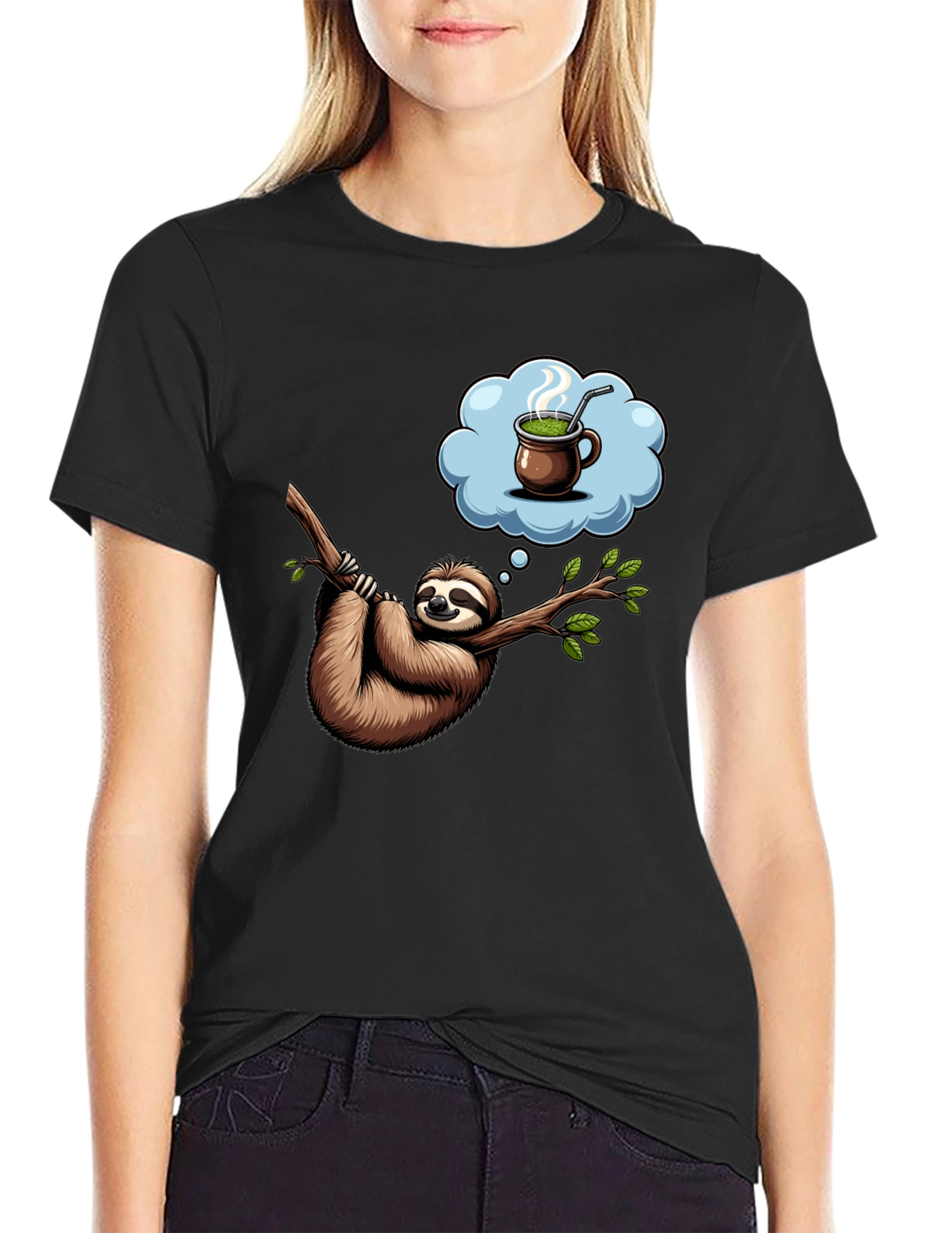 Black Sloth Tea Time T-Shirt - Relaxed Fit, Unique Design view 2