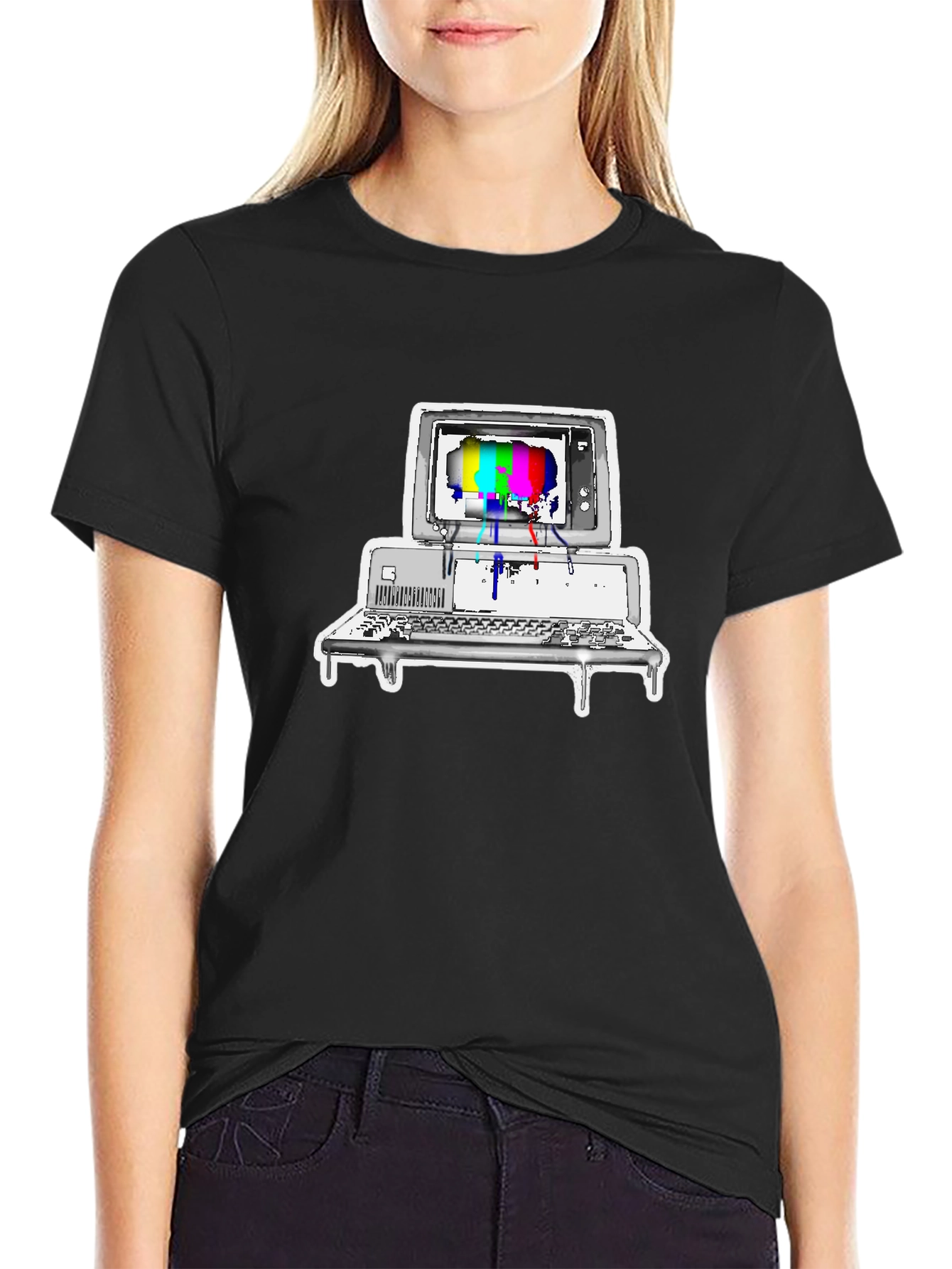 Black Retro Computer Glitch Graphic Tee - Black Cotton Blend view 2