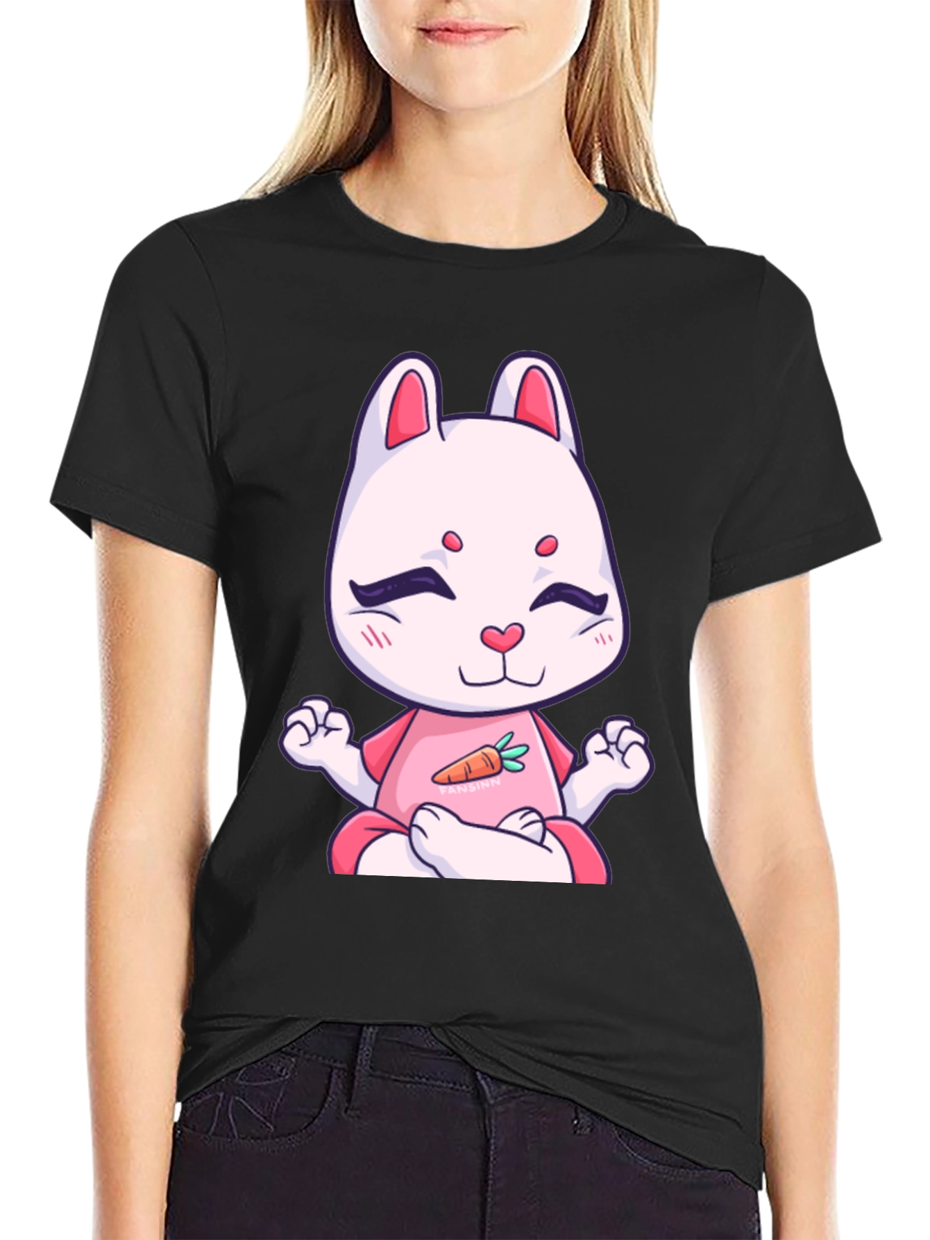 Black Meditating Bunny T-Shirt - Black Cotton Tee view 2