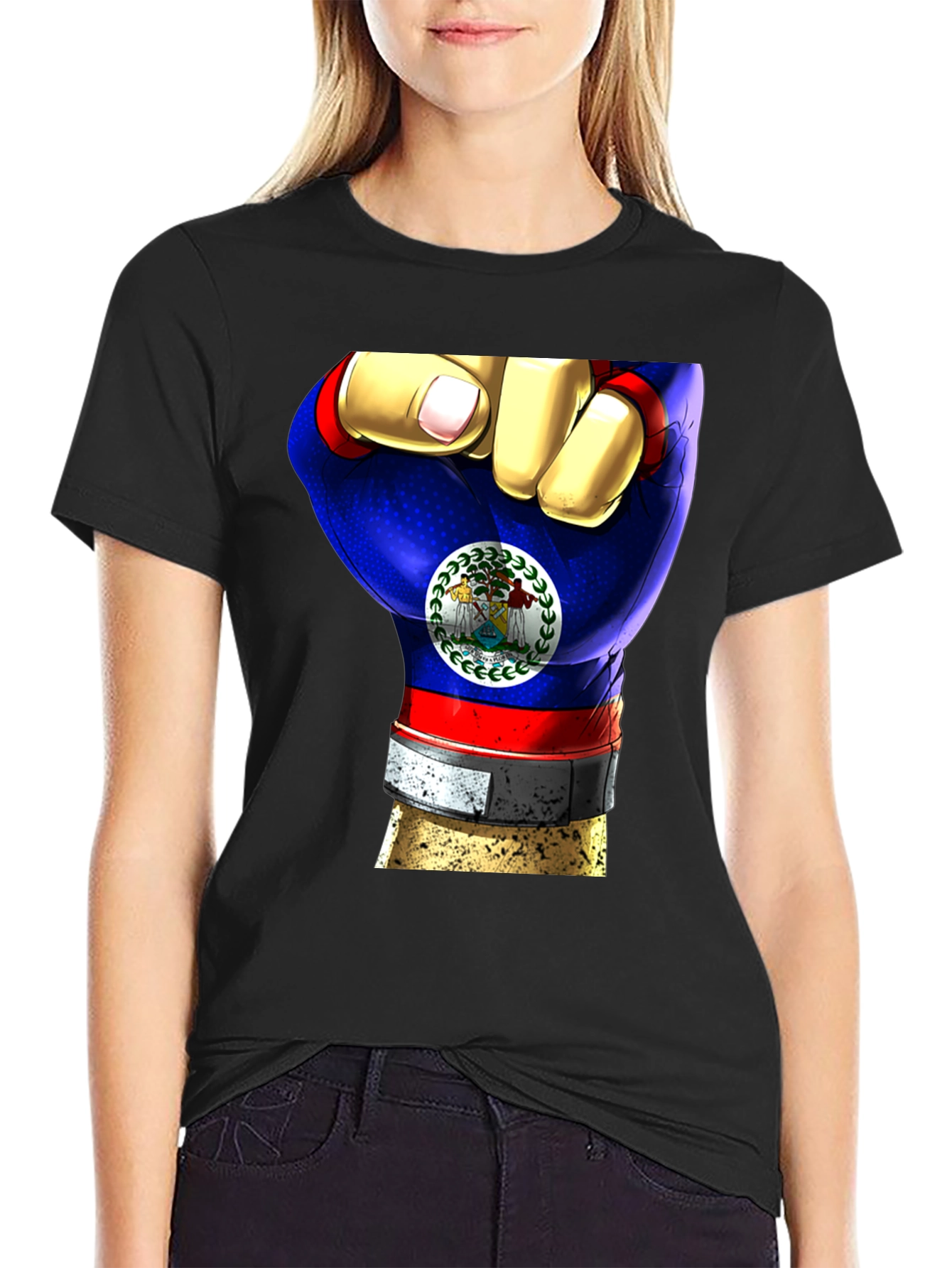 Black Belize Flag Fist T-Shirt view 2