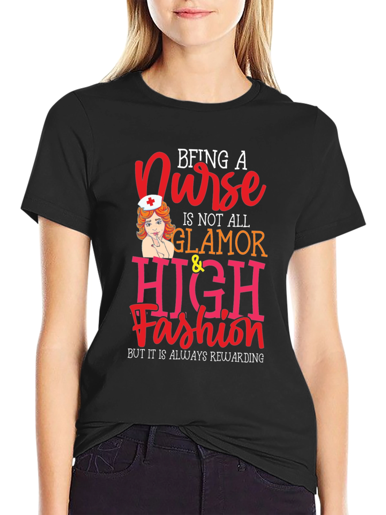 Black Nurse Glamour T-Shirt - Rewarding Profession Tee view 2