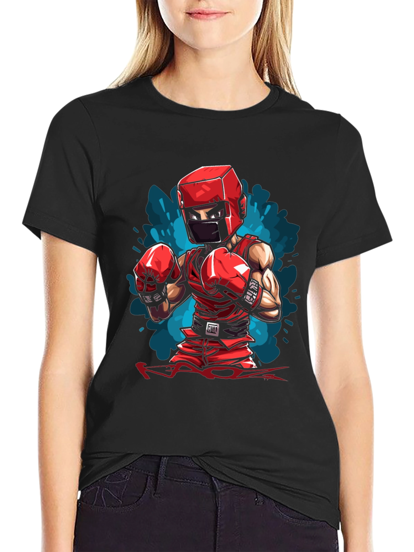 Black Boxer Cartoon Graphic Black T-Shirt view 2