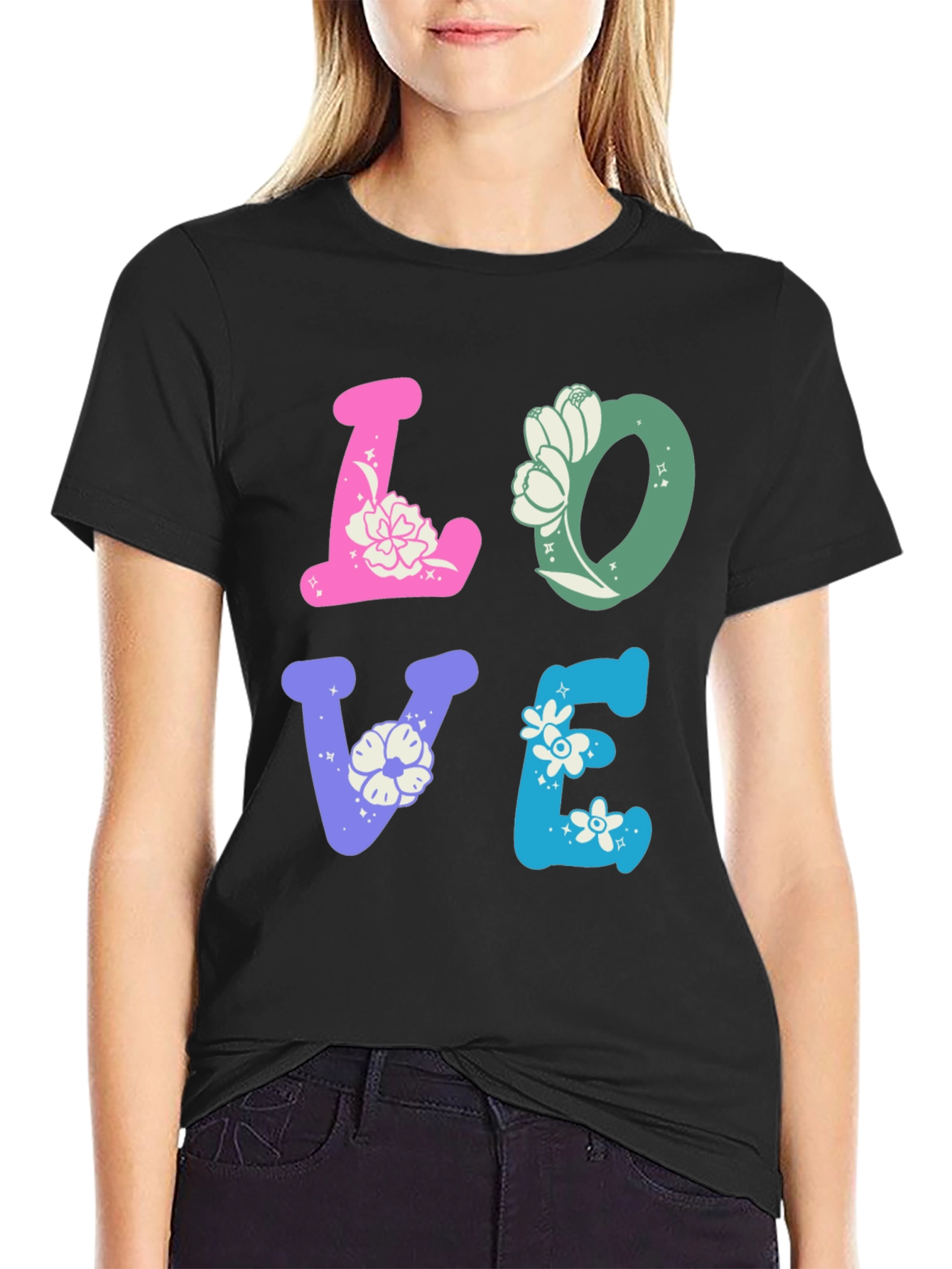 Black Floral LOVE Graphic Tee - Trendy Casual Shirt view 2