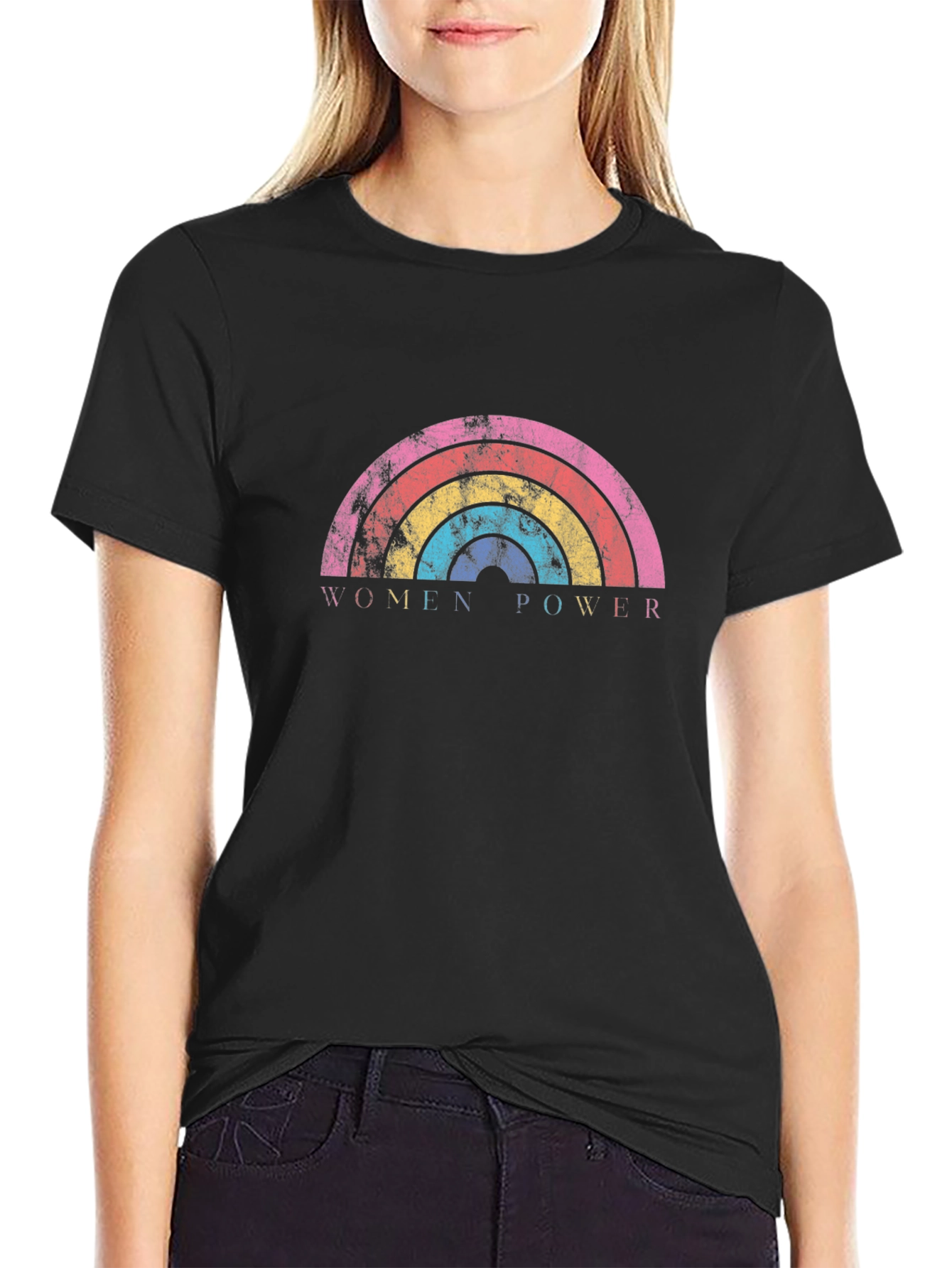 Black Women Power Rainbow Graphic Tee - Black Unisex T-Shirt view 2