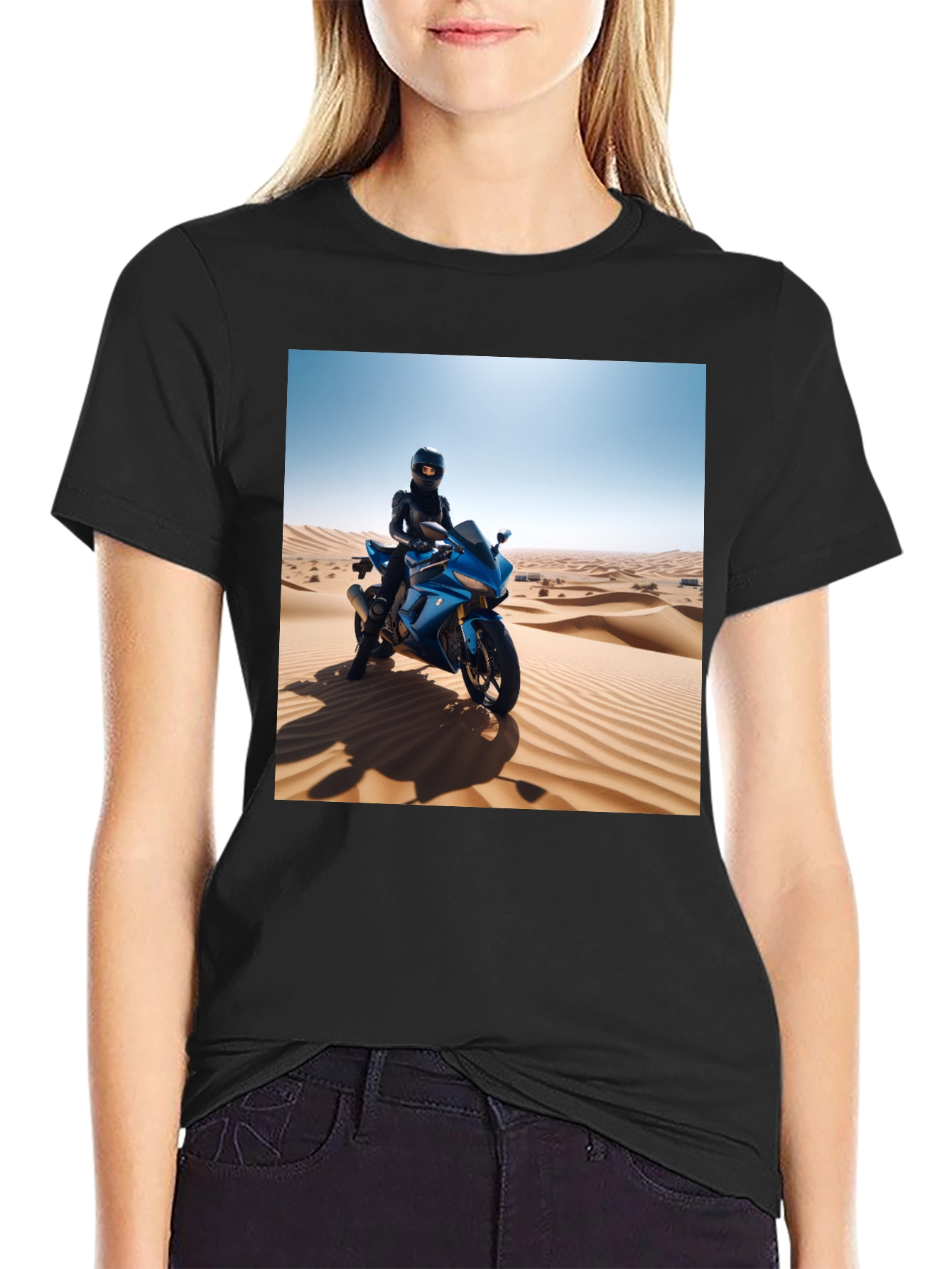 Black Motorcycle Desert Rider Graphic Tee - Unisex Black T-Shirt view 2